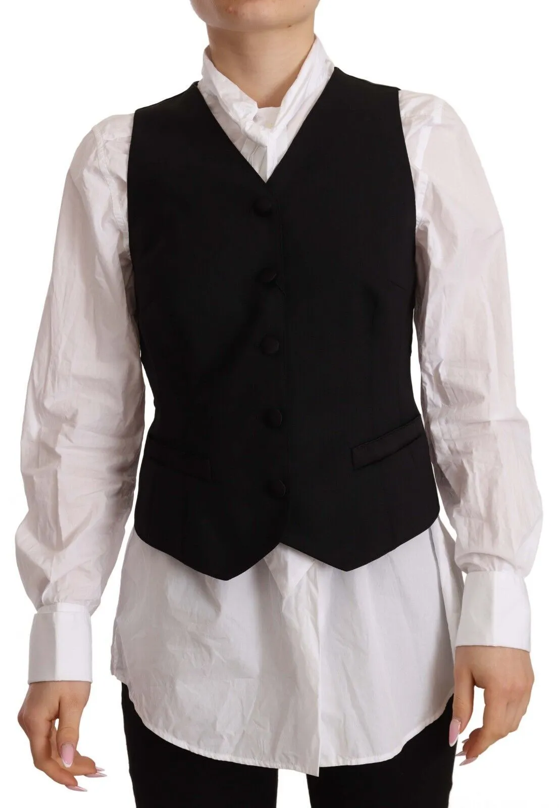 Elegant Black Wool Blend Waistcoat sold by Louxly