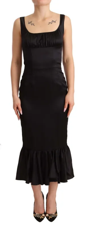 Elegant Black Silk Midi Sheath Dress sold by Louxly