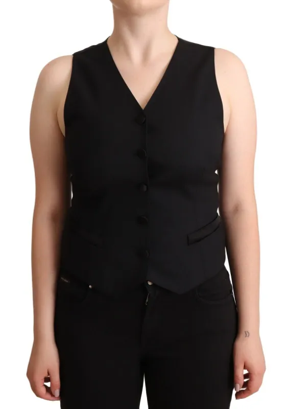 Elegant Black Vest Top with Button Detail sold by Louxly