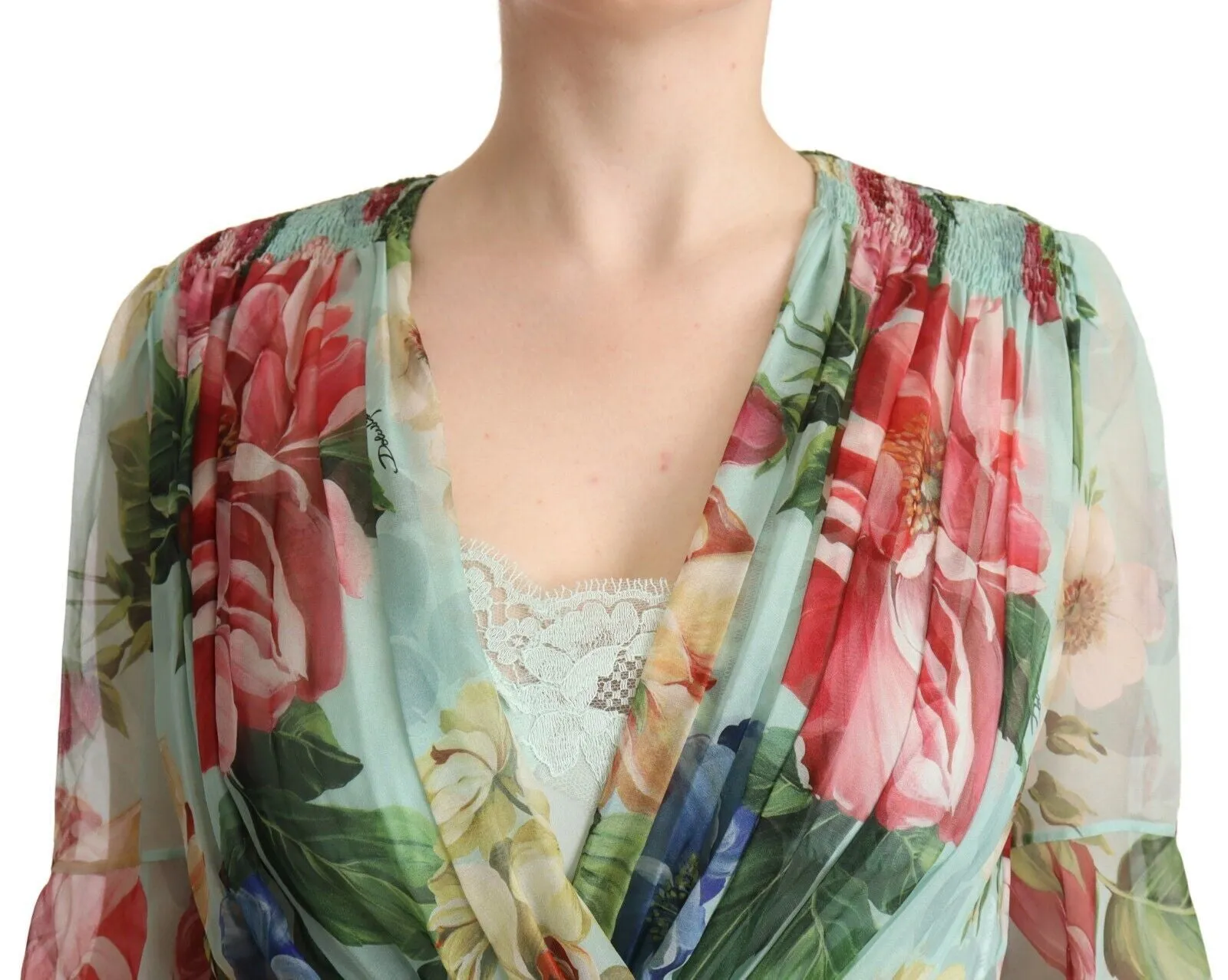 Elegant Floral Green Midi Silk Dress sold by Louxly product image thumbnail 3