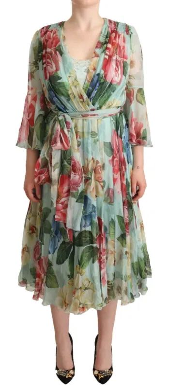 Elegant Floral Green Midi Silk Dress sold by Louxly
