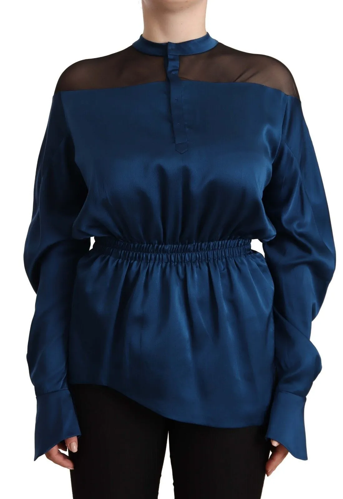 Elegant Crew Neck Silk Blouse in Blue sold by Louxly