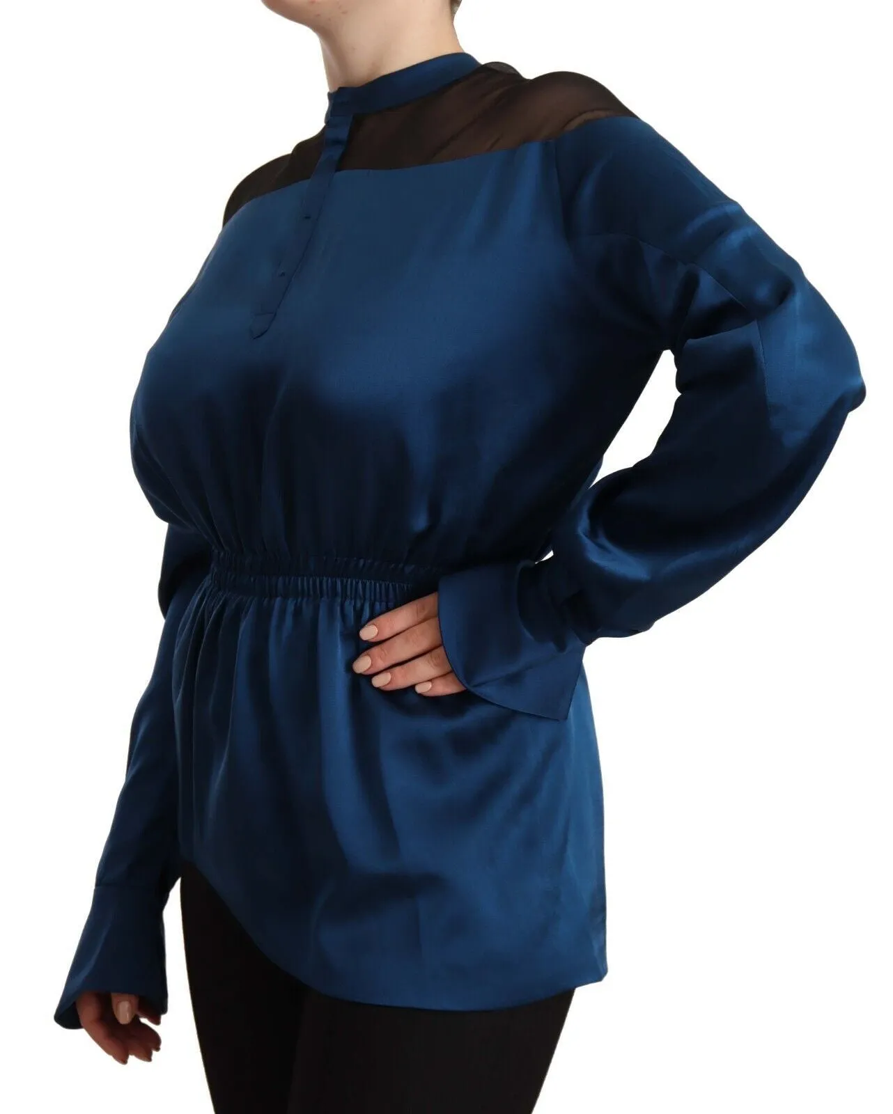 Elegant Crew Neck Silk Blouse in Blue sold by Louxly product image thumbnail 2