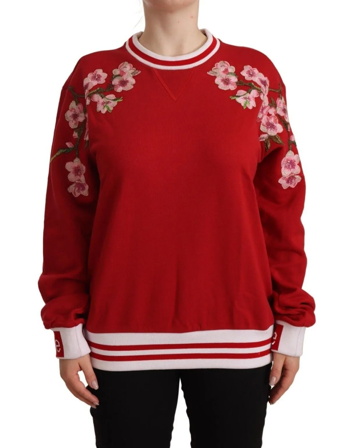 Elegant Red Crewneck Pullover with Floral Motif sold by Louxly