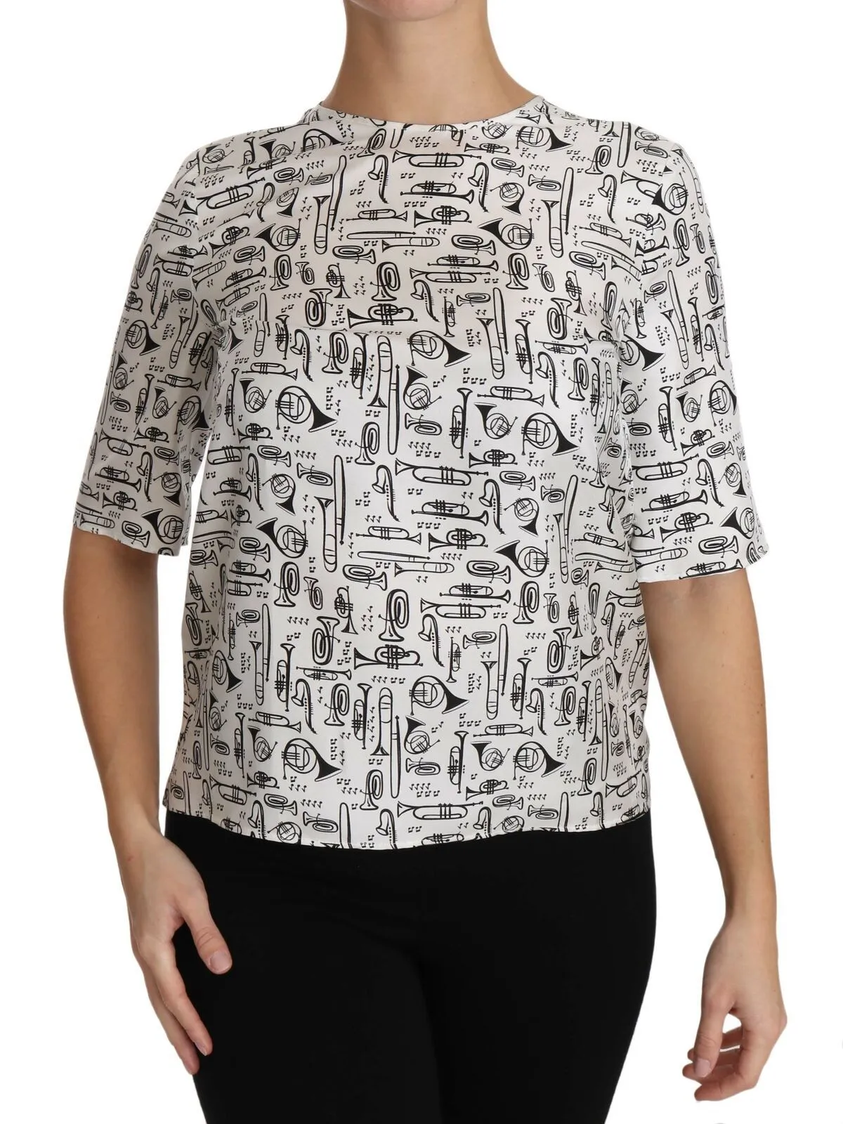 Elegant Trumpet Print Silk Blouse Top sold by Louxly