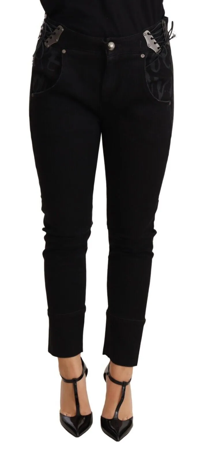 Chic Low Waist Skinny Black Cotton Trousers sold by Louxly