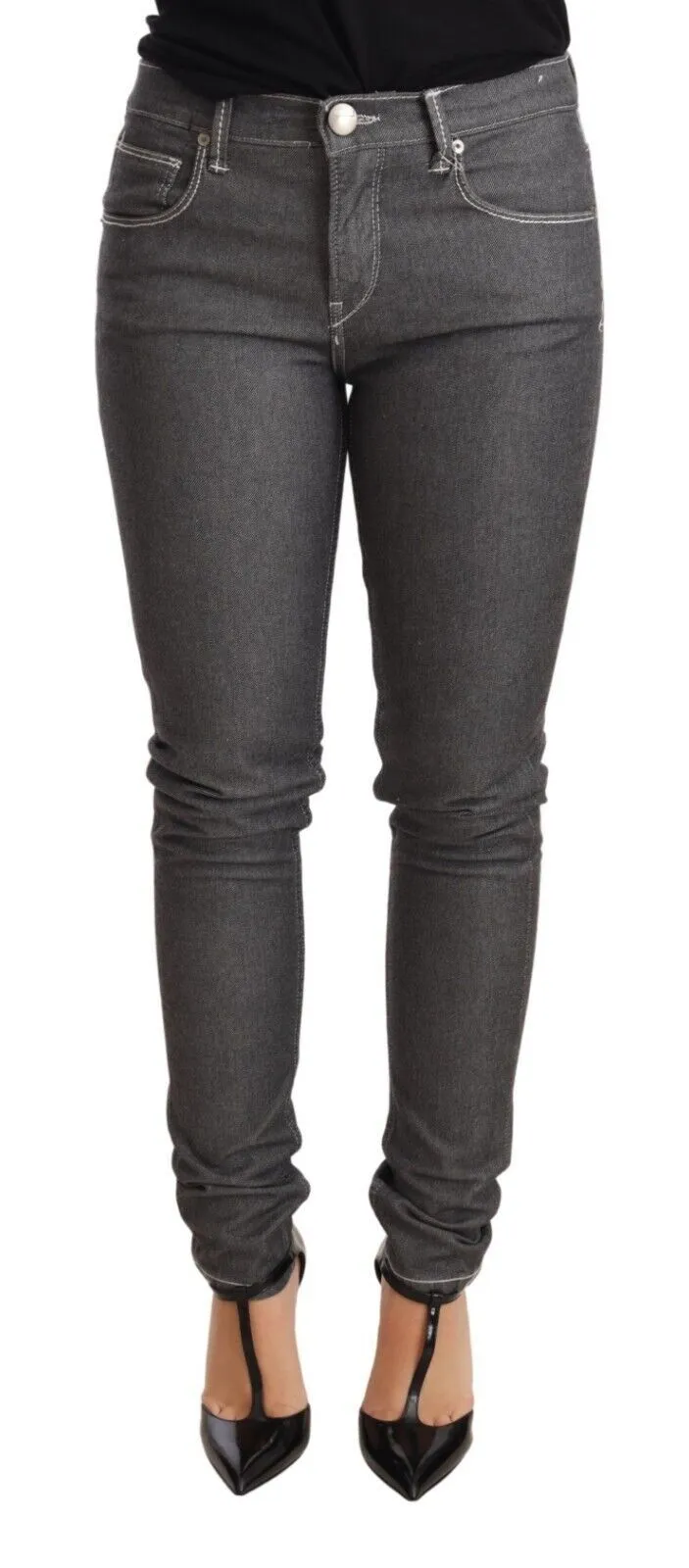 Elegant Gray Mid Waist Skinny Jeans sold by Louxly