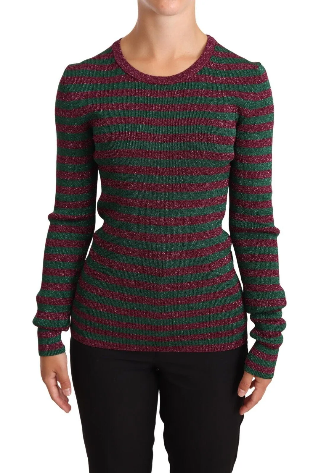 Elegant Maroon and Green Striped Crewneck Sweater sold by Louxly