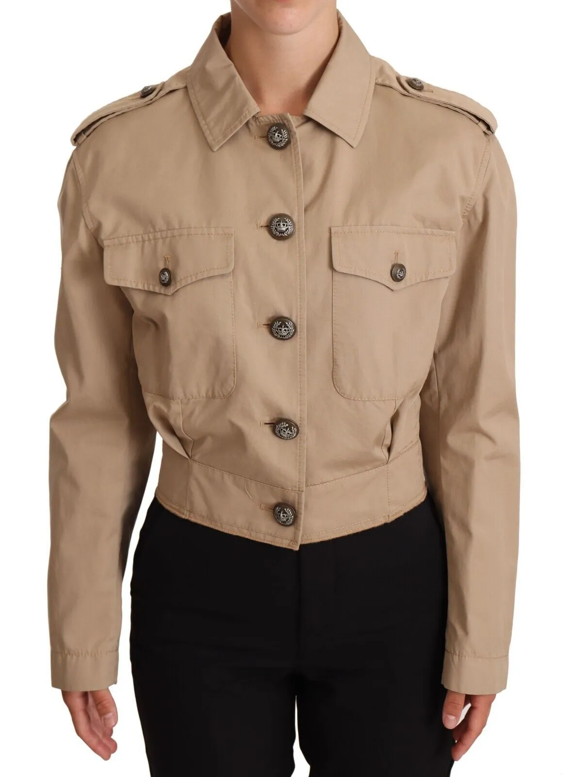 Elegant Cropped Cotton Jacket in Beige sold by Louxly