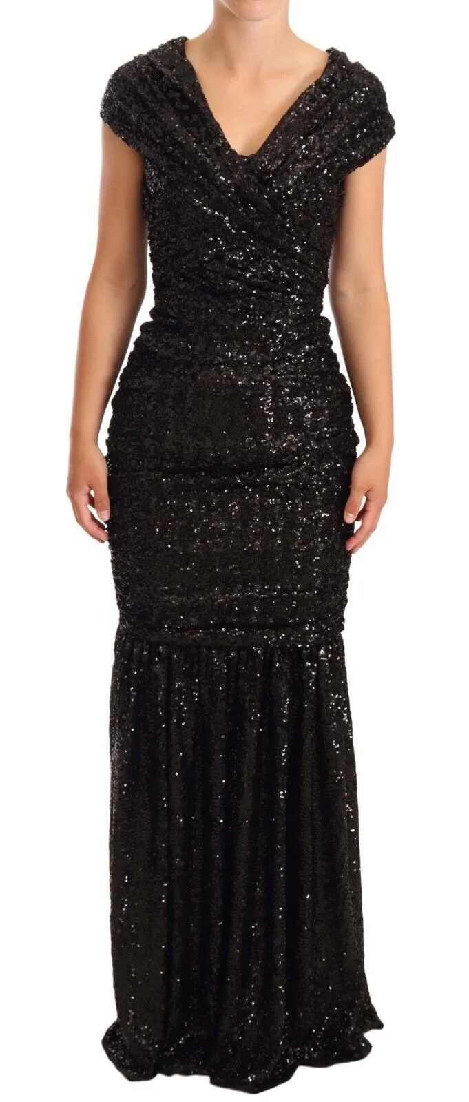 Elegant Black Sequined Open Shoulder Gown sold by Louxly