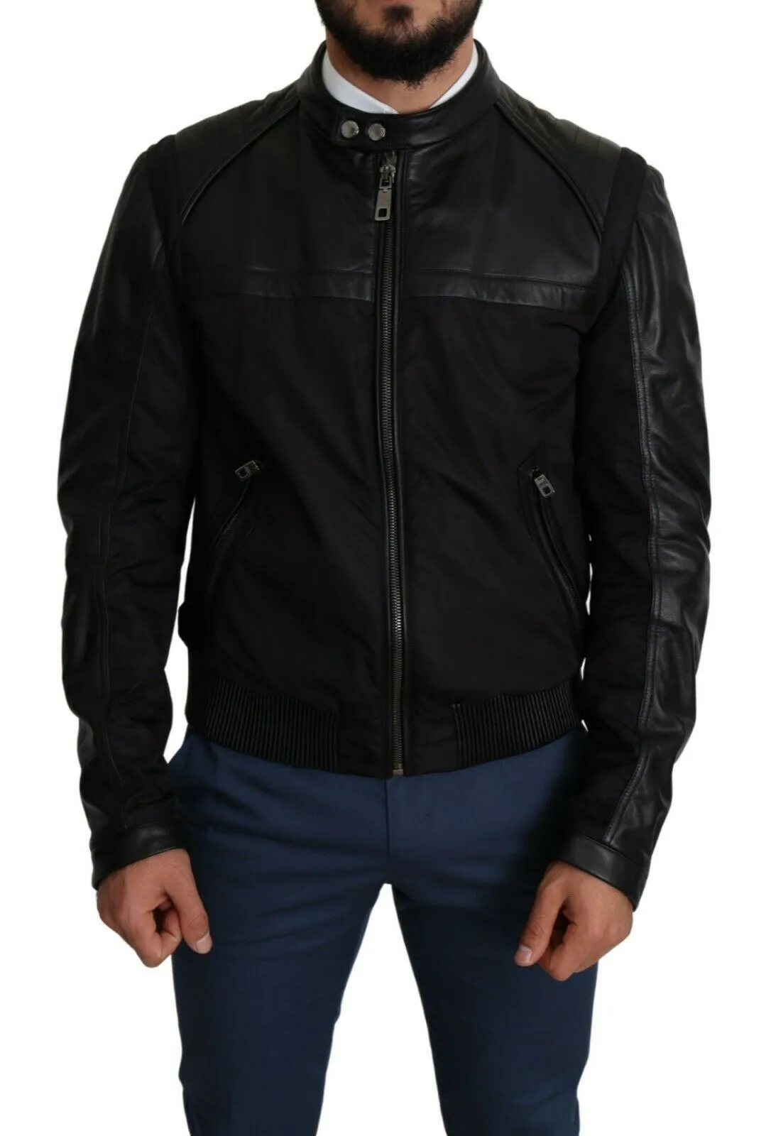 Elegant Black Bomber with Leather Accents sold by Louxly