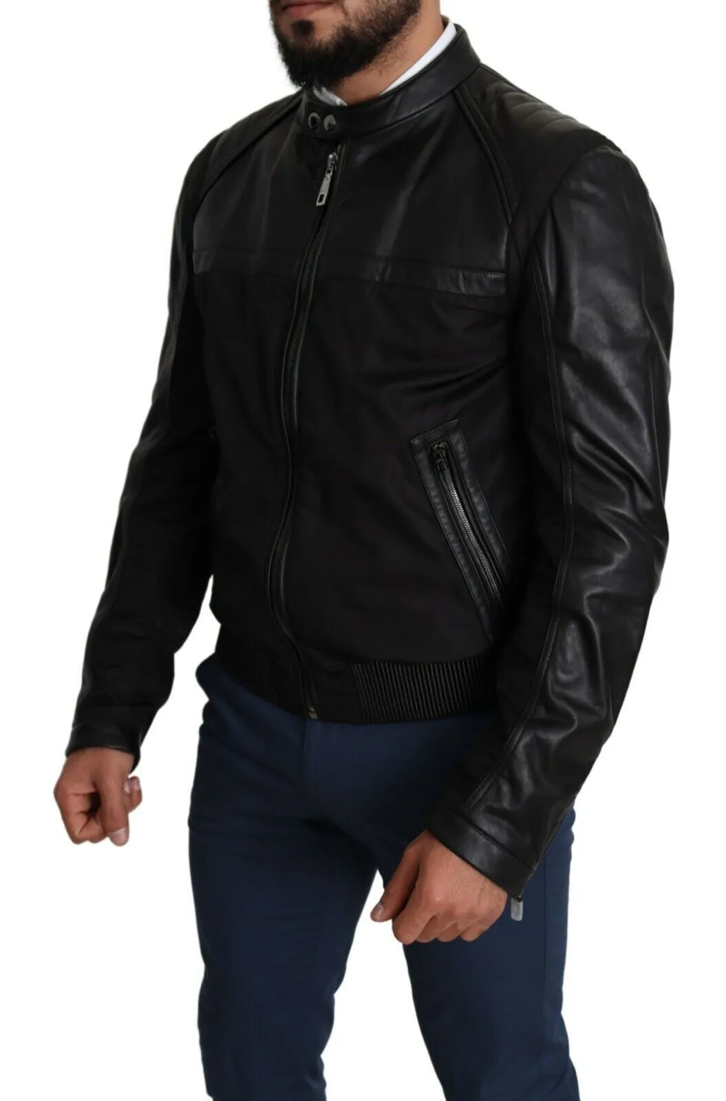 Elegant Black Bomber with Leather Accents sold by Louxly product image thumbnail 2