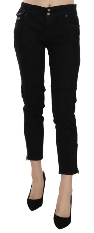 Chic Black Mid Waist Slim Cropped Jeans made by John Galliano