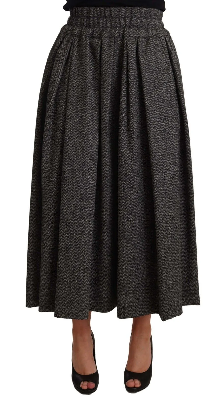 Elegant A-Line Midi Wool Skirt in Gray Zigzag sold by Louxly