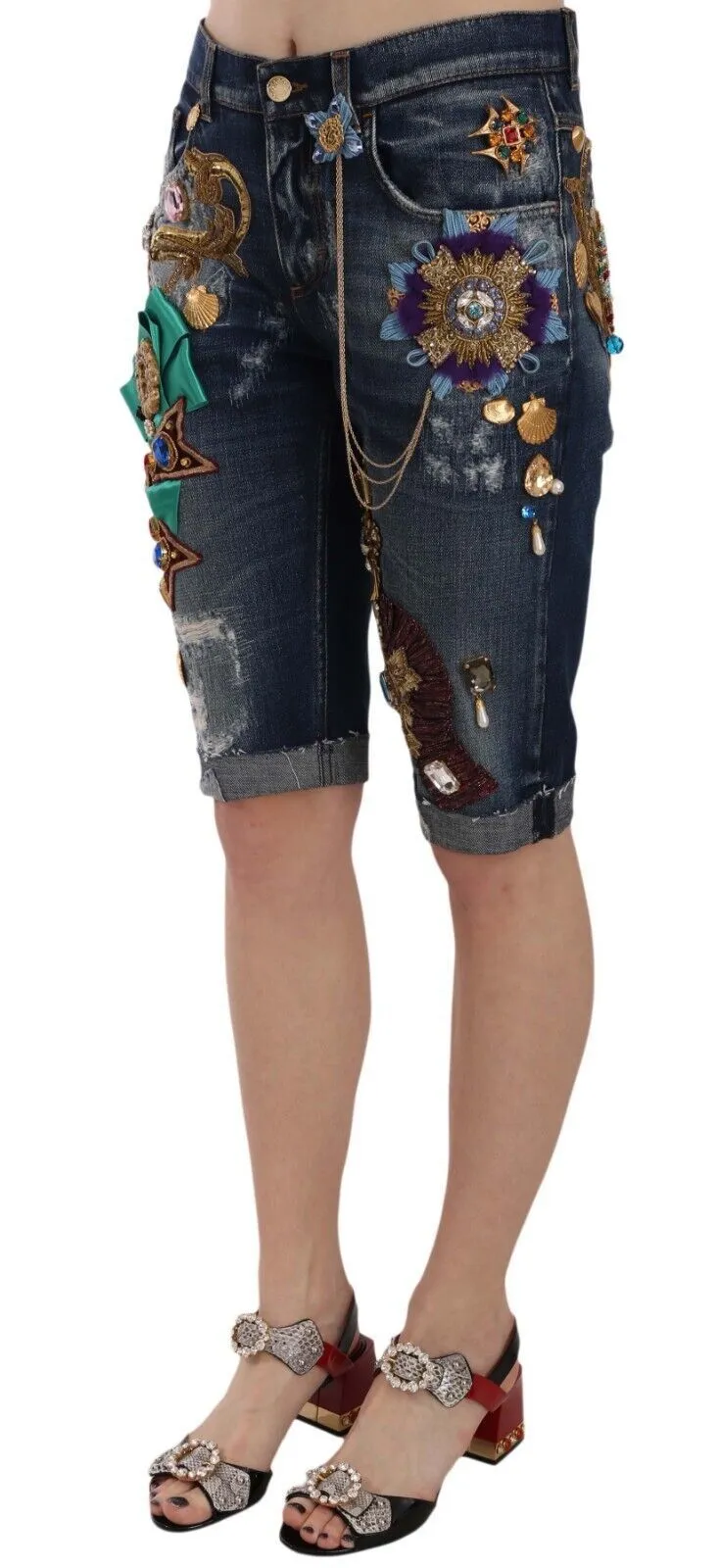 Elegant Knee-Length Embellished Denim Shorts sold by Louxly product image thumbnail 3