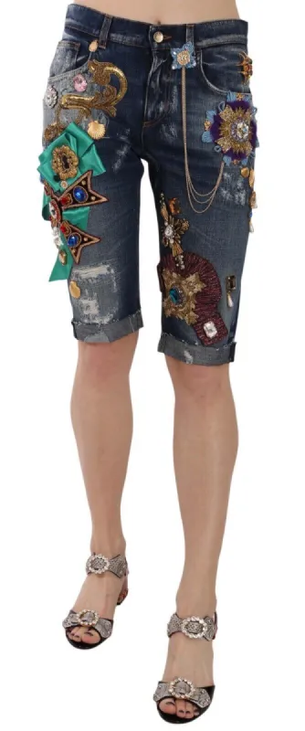 Elegant Knee-Length Embellished Denim Shorts sold by Louxly