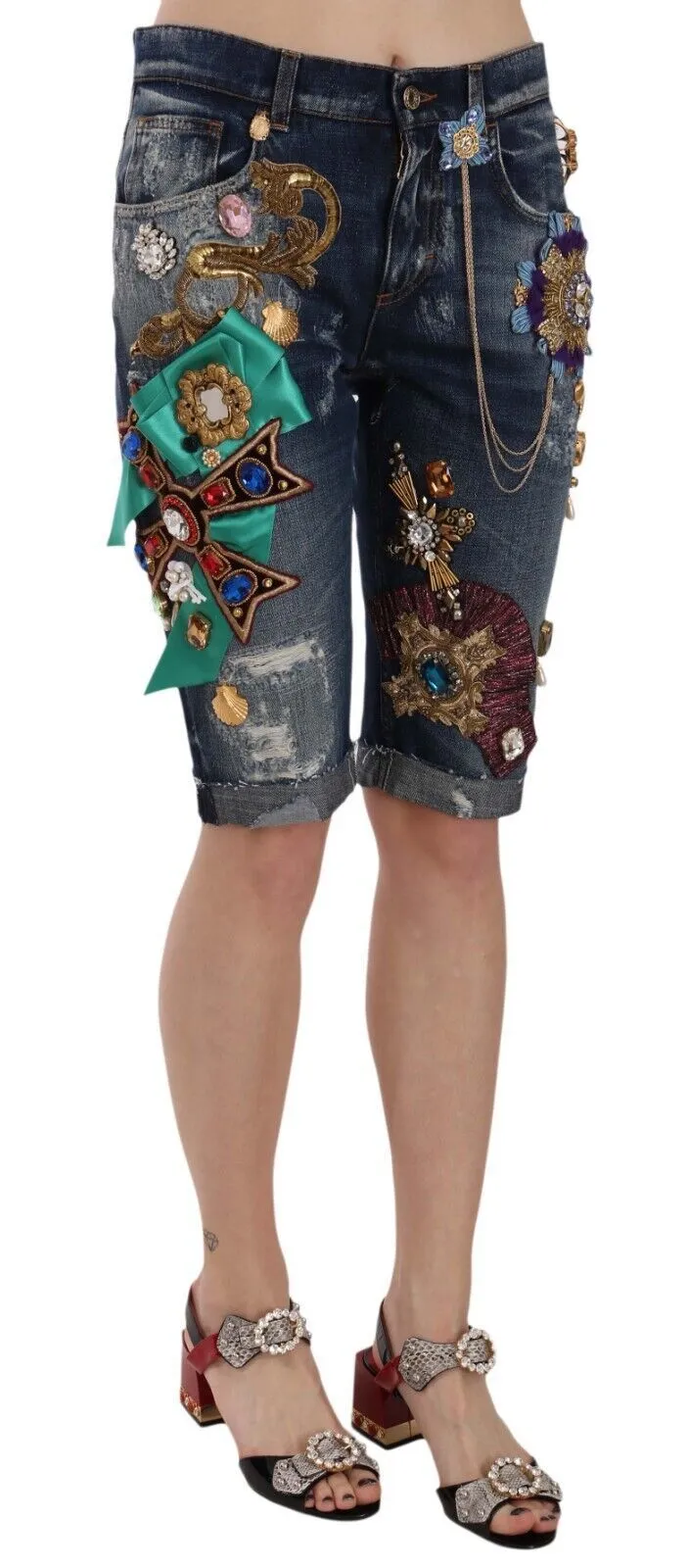 Elegant Knee-Length Embellished Denim Shorts sold by Louxly product image thumbnail 2