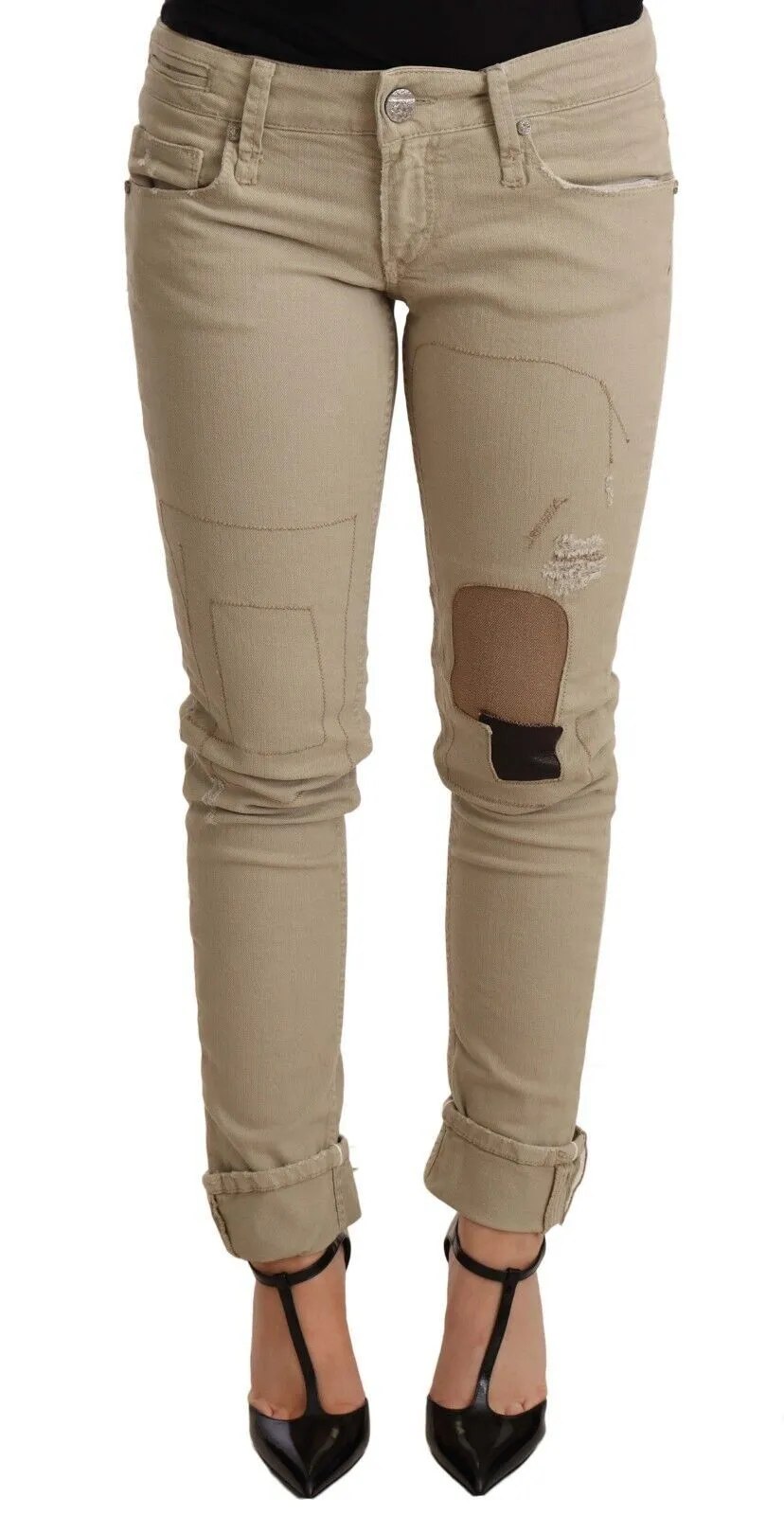 Beige Cotton Slim Fit Chic Jeans sold by Louxly