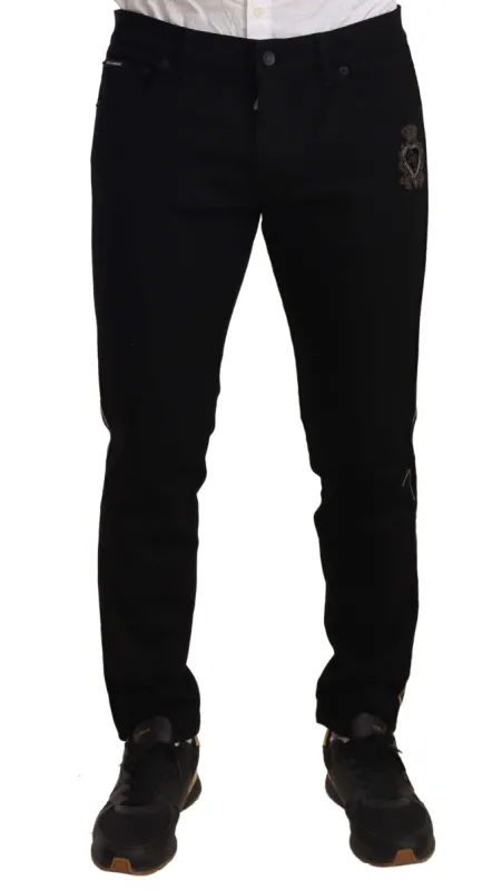 Heraldic Embroidered Slim Fit Black Jeans sold by Louxly