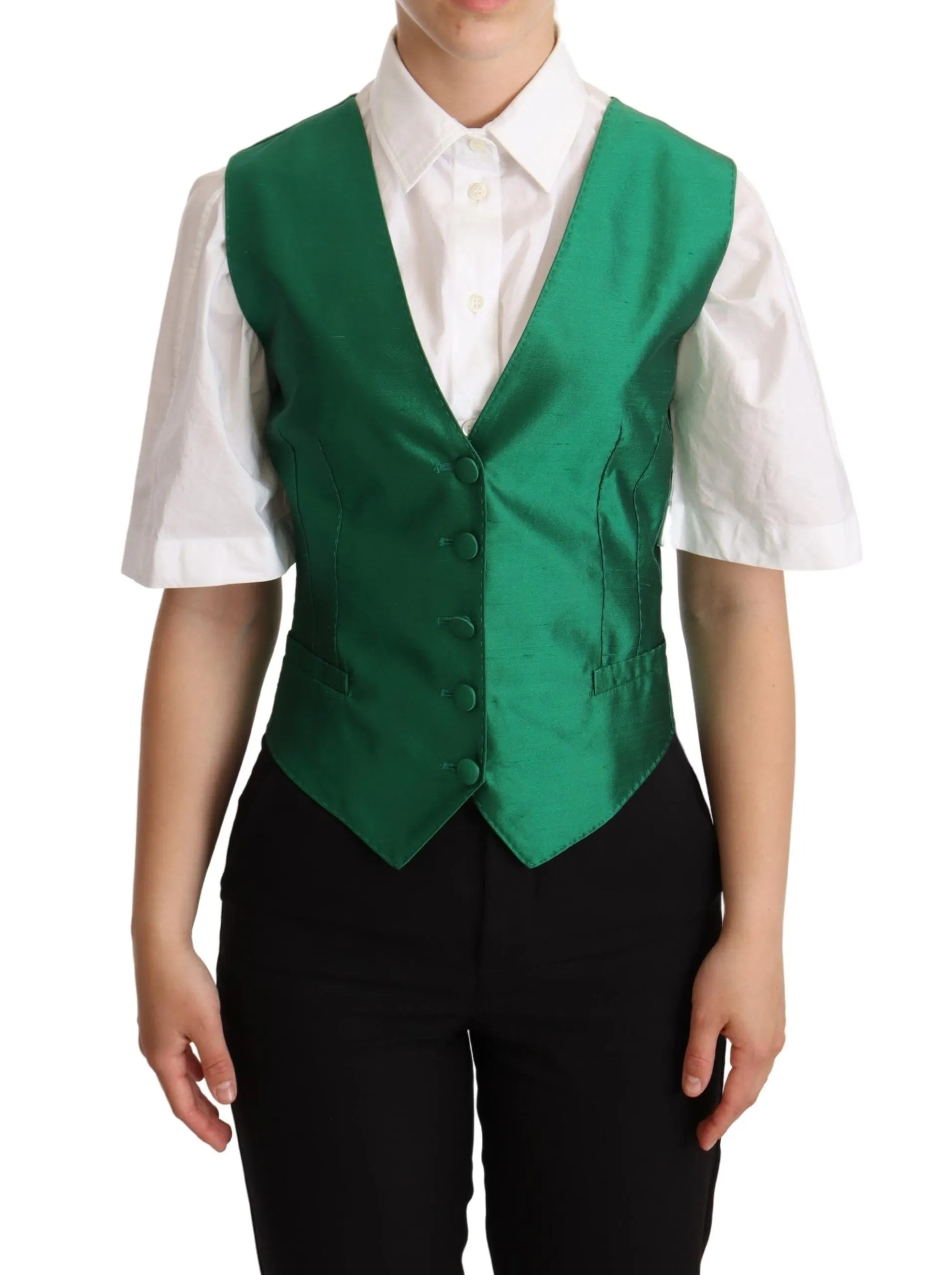 Elegant Green Silk Blend Waistcoat sold by Louxly