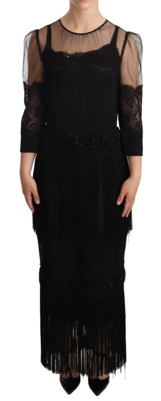 Elegant Lace Midi Dress in Black sold by Louxly