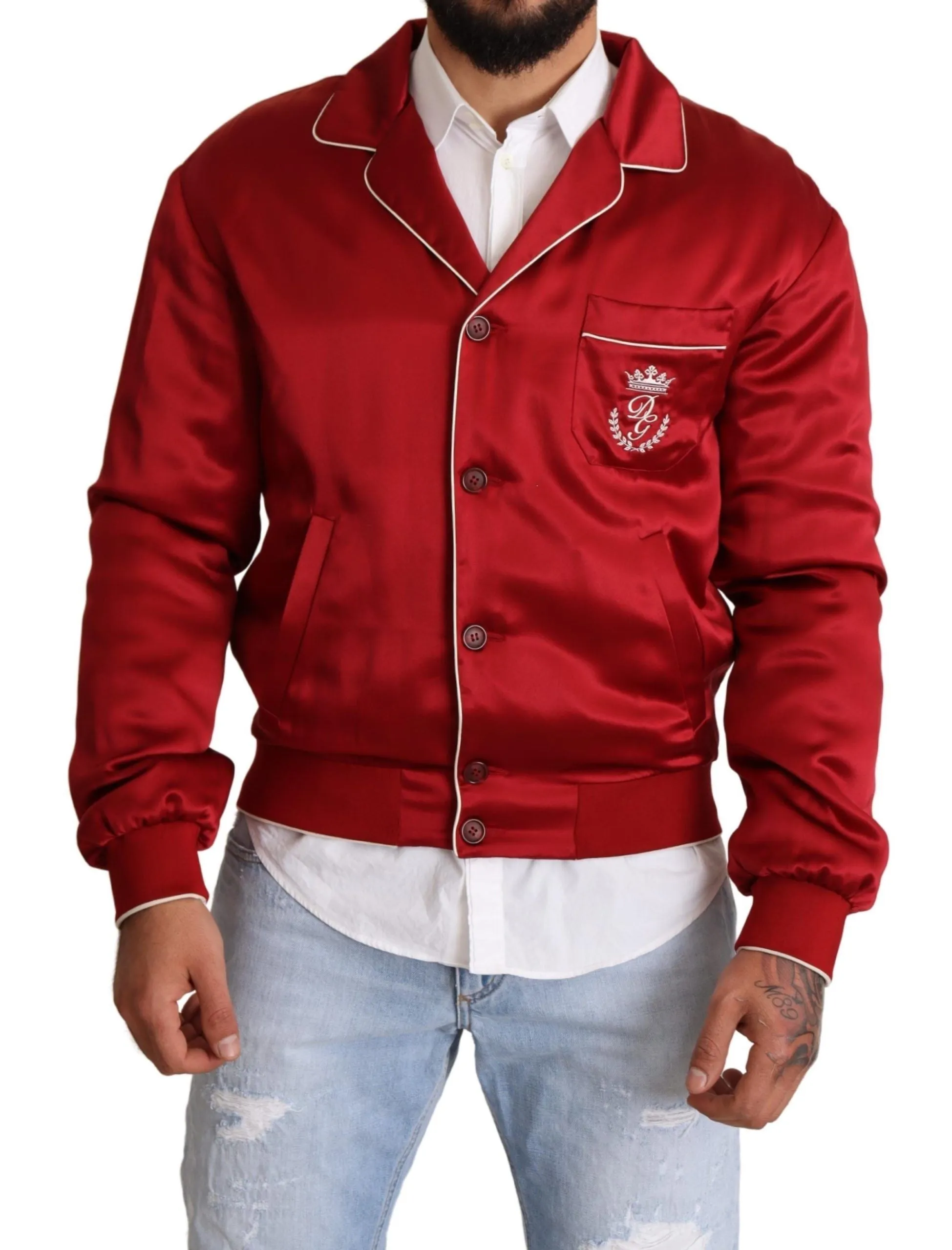 Sumptuous Silk Red Bomber Jacket sold by Louxly