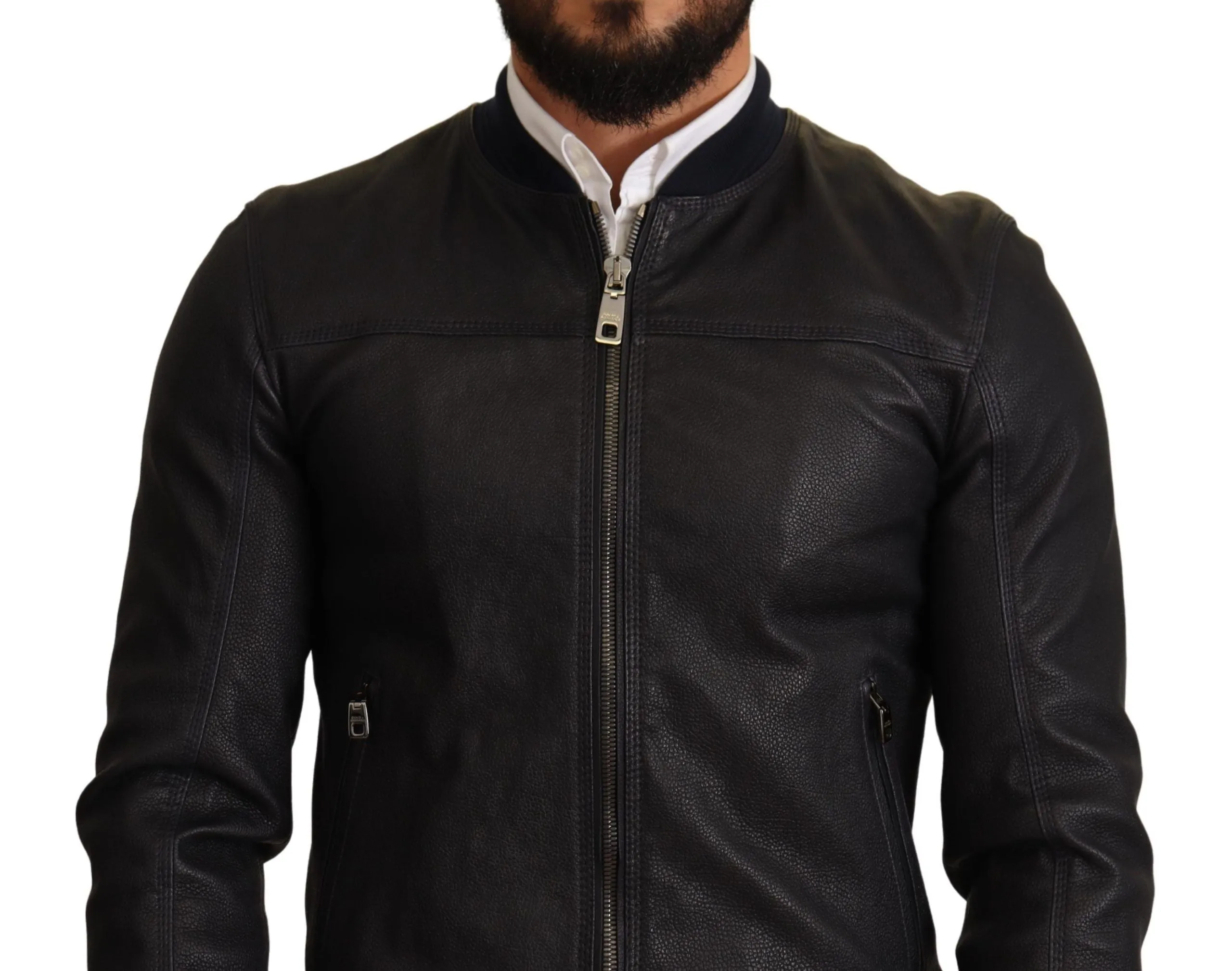 Elegant Leather Bomber Jacket in Dark Blue sold by Louxly product image thumbnail 4