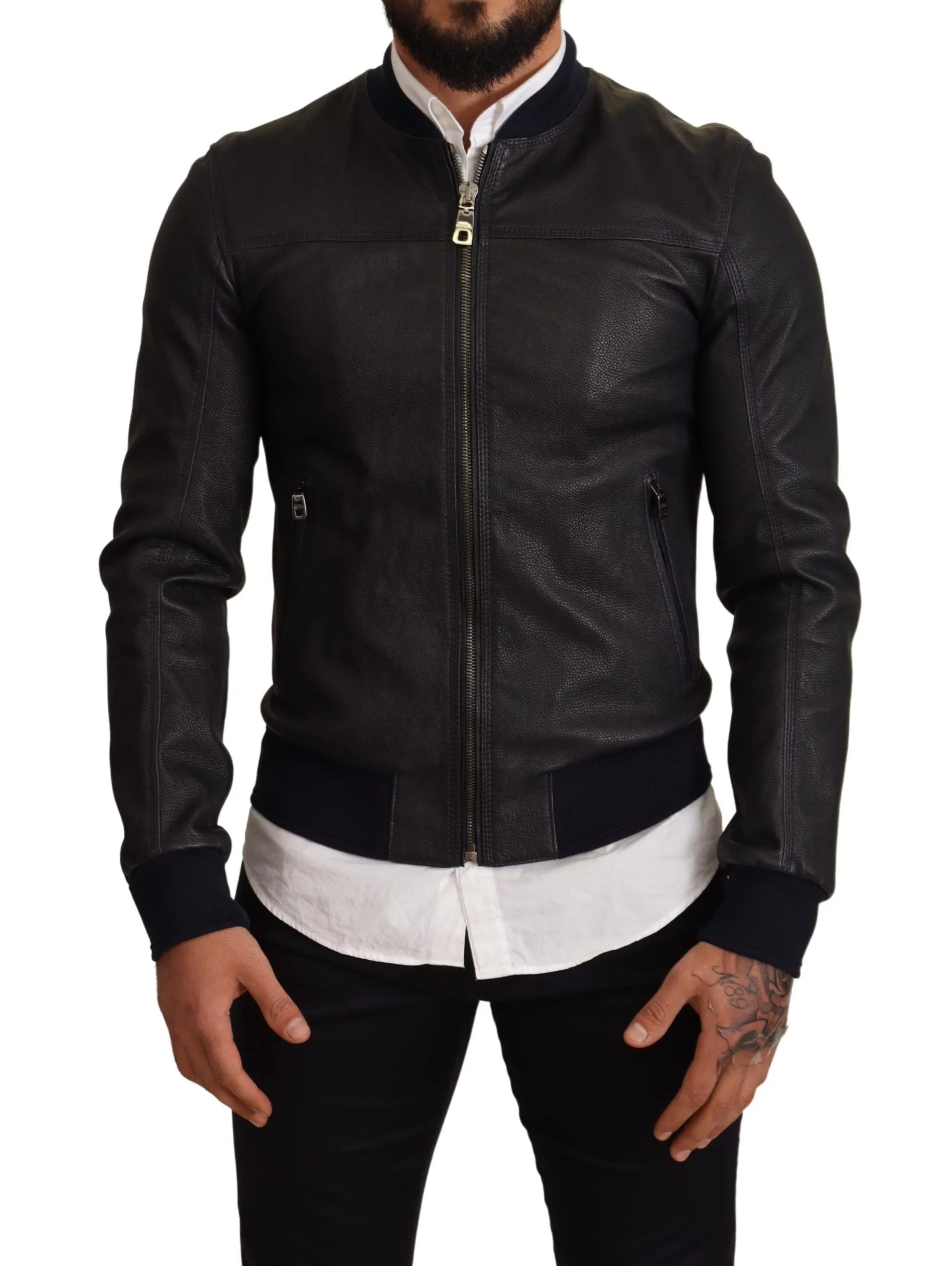 Elegant Leather Bomber Jacket in Dark Blue sold by Louxly