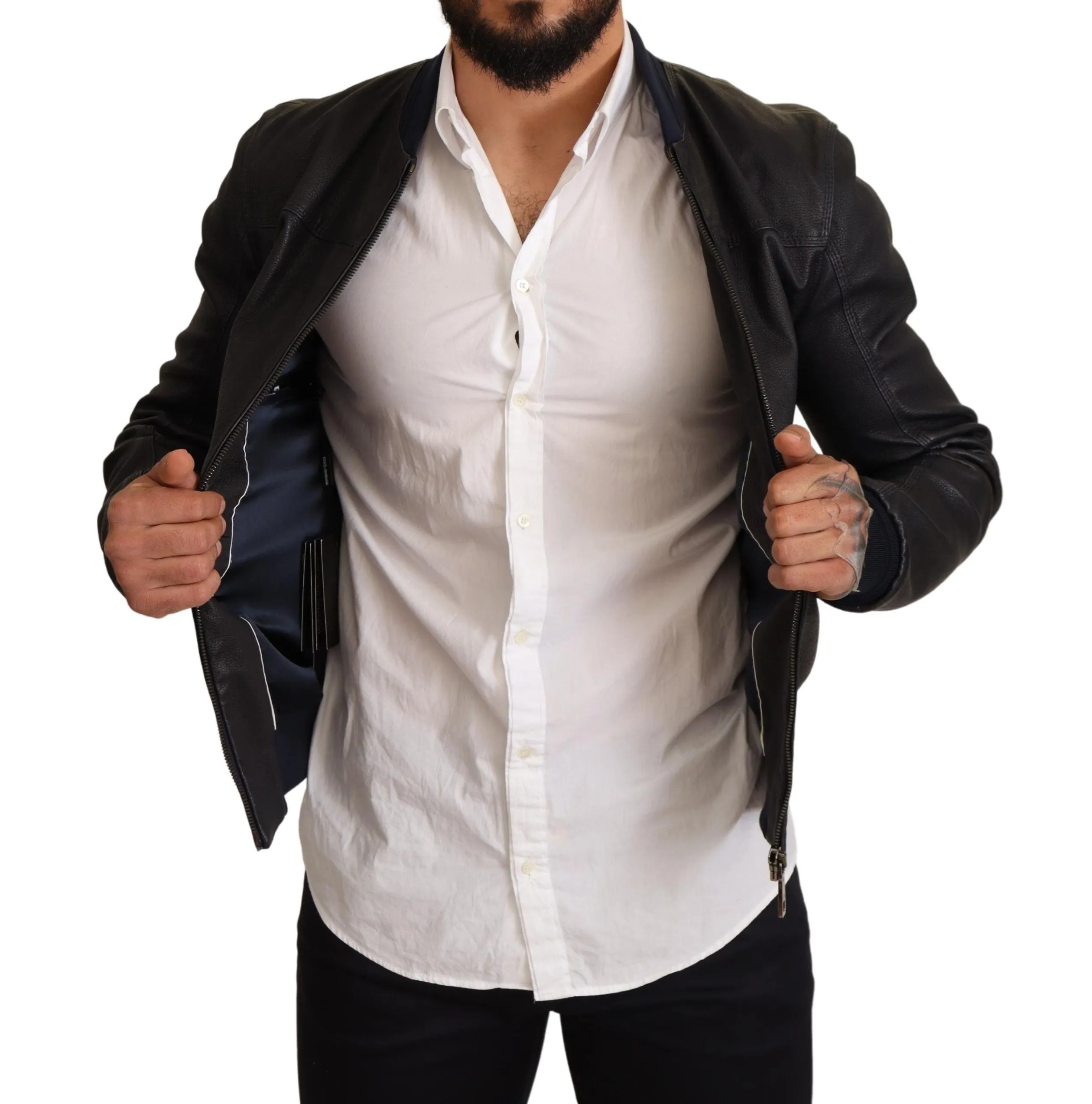 Elegant Leather Bomber Jacket in Dark Blue sold by Louxly product image thumbnail 5