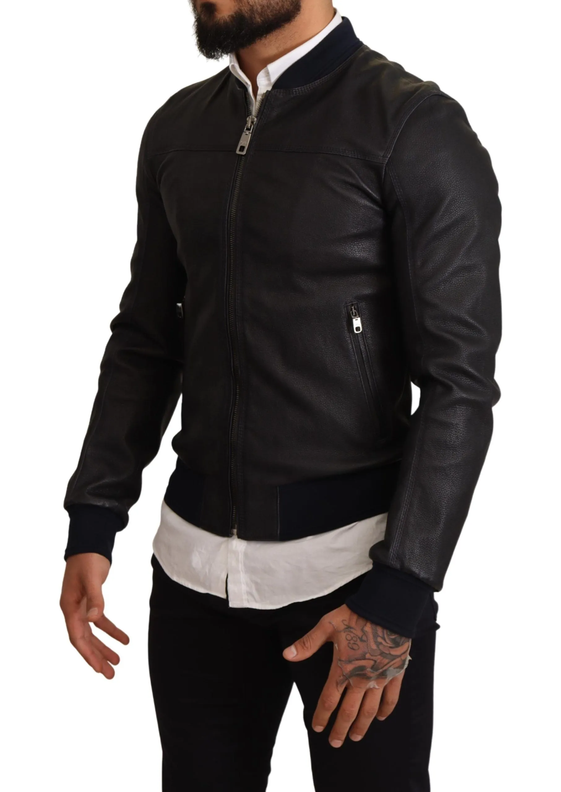 Elegant Leather Bomber Jacket in Dark Blue sold by Louxly product image thumbnail 2