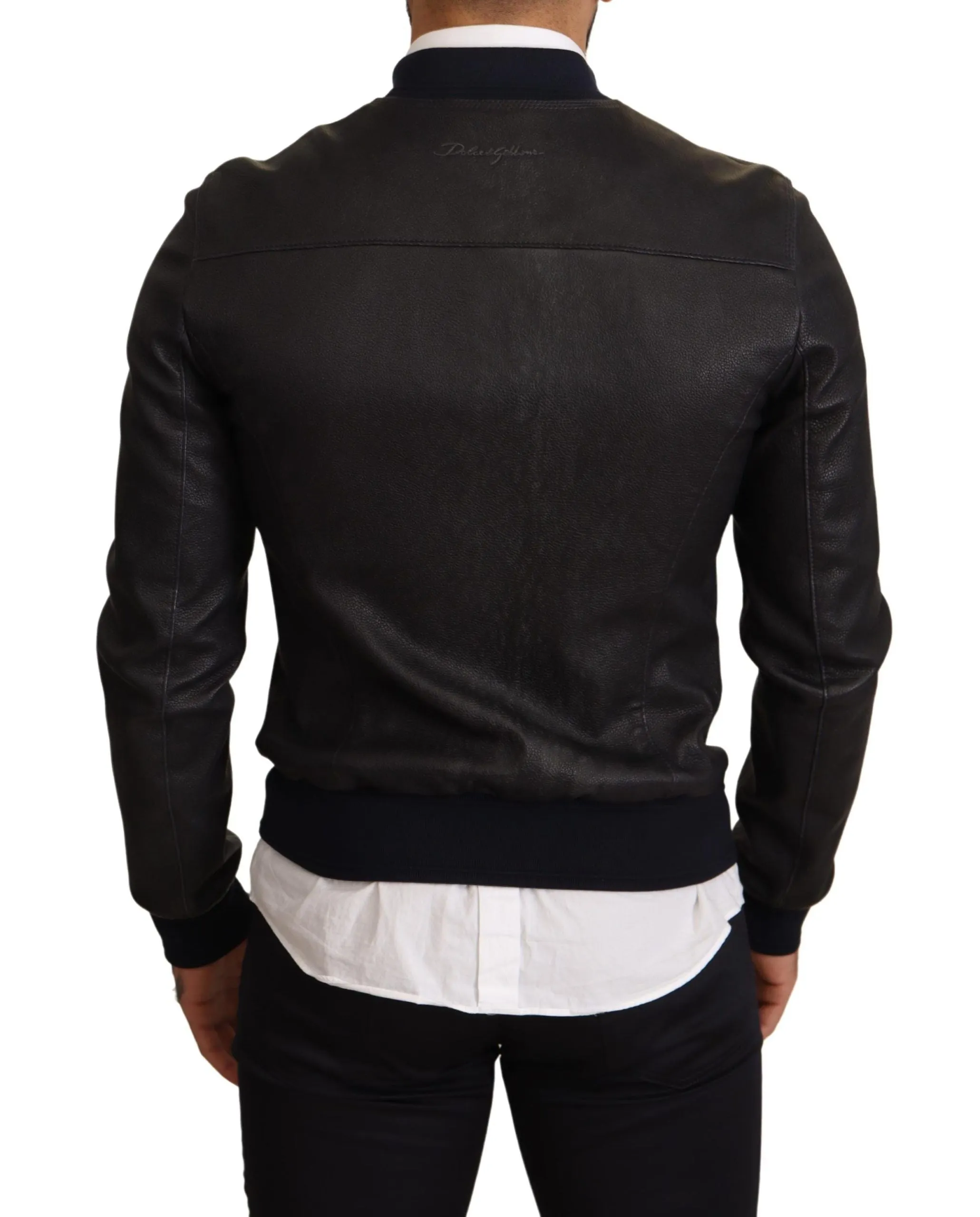 Elegant Leather Bomber Jacket in Dark Blue sold by Louxly product image thumbnail 3