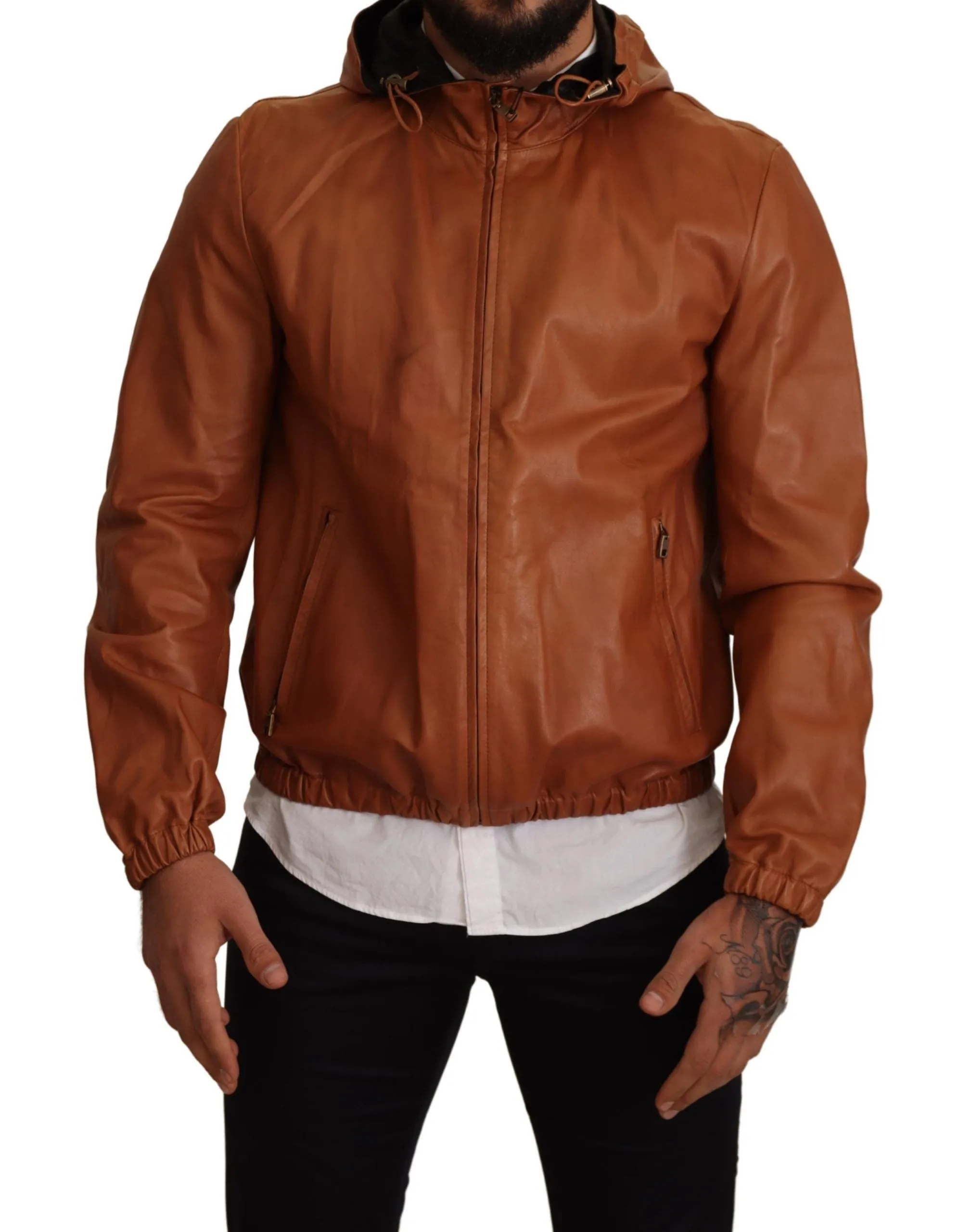 Elegant Brown Leather Bomber Jacket sold by Louxly