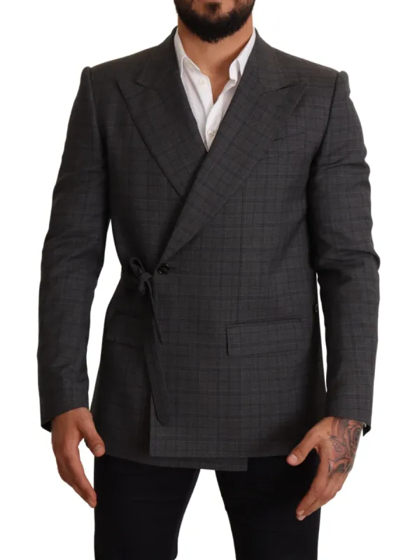 Chic Gray Check Martini Slim Fit Double-Breasted Blazer sold by Louxly