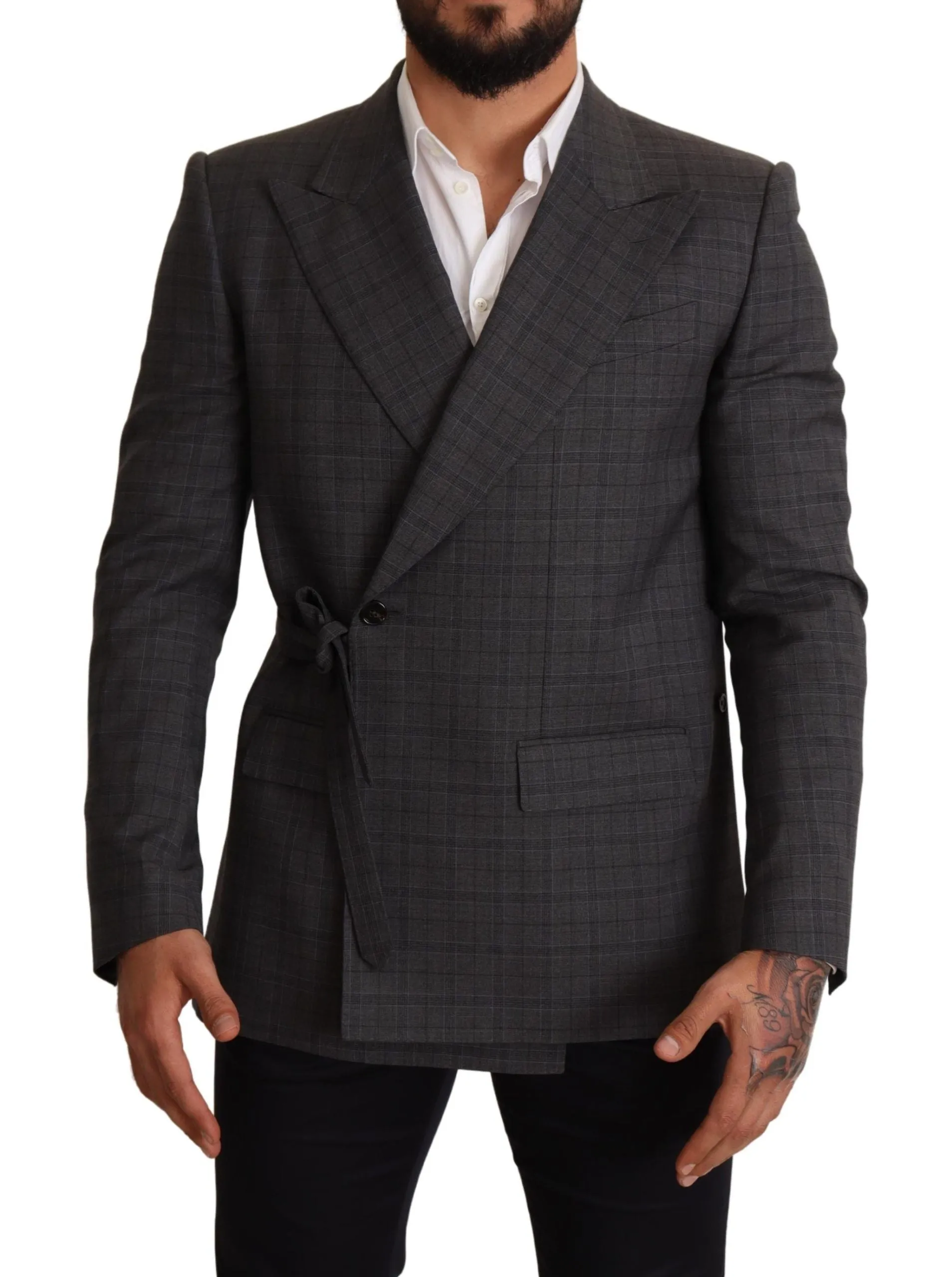 Chic Gray Check Martini Slim Fit Double-Breasted Blazer sold by Louxly
