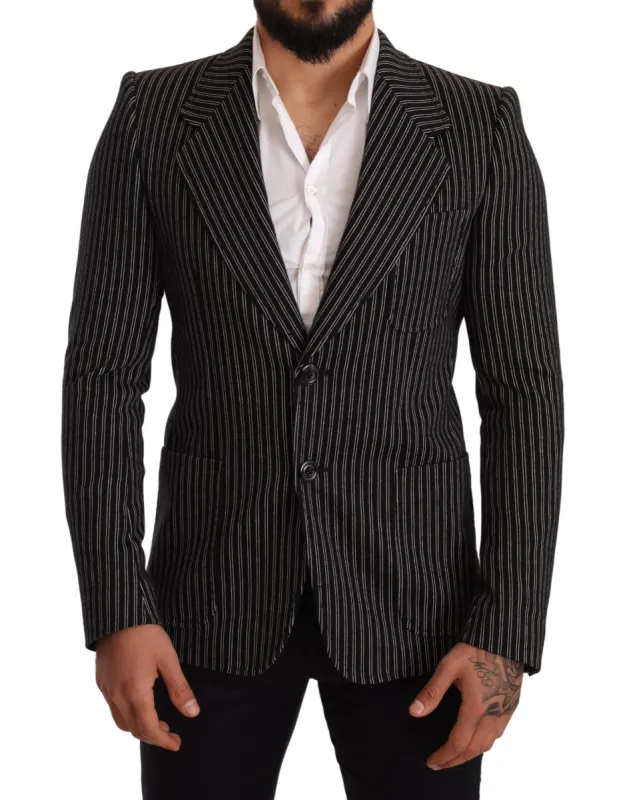 Elegant Black Striped Virgin Wool Blazer sold by Louxly