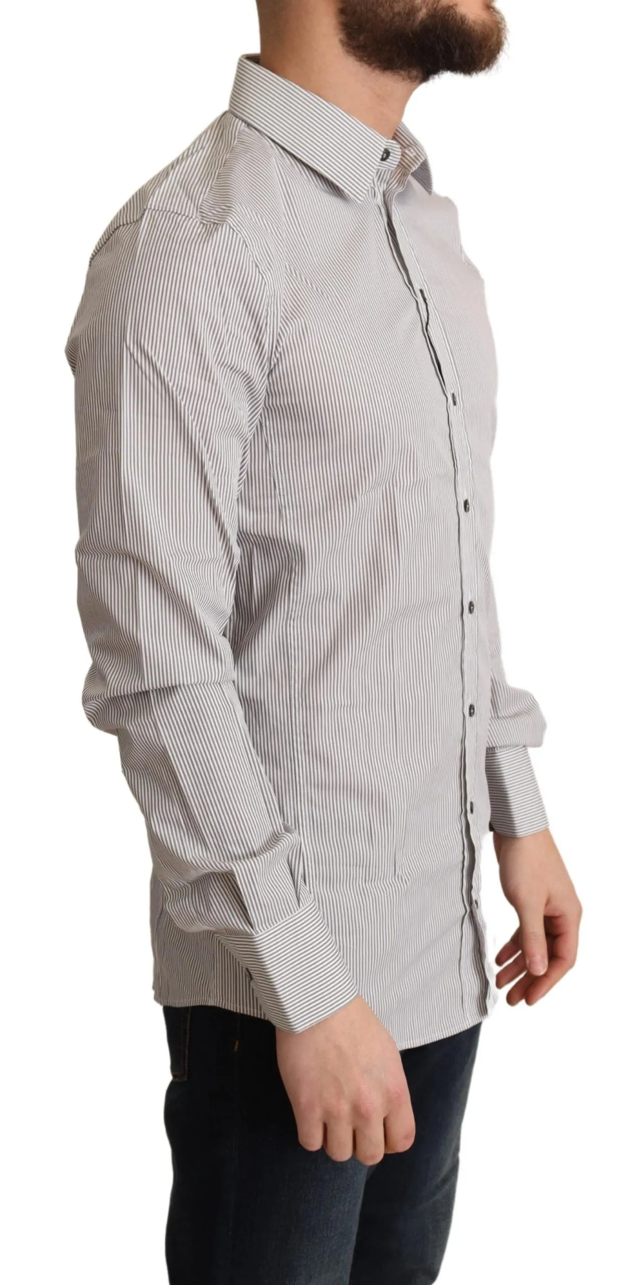 Elegant Gray Striped Slim Fit Dress Shirt sold by Louxly product image thumbnail 2