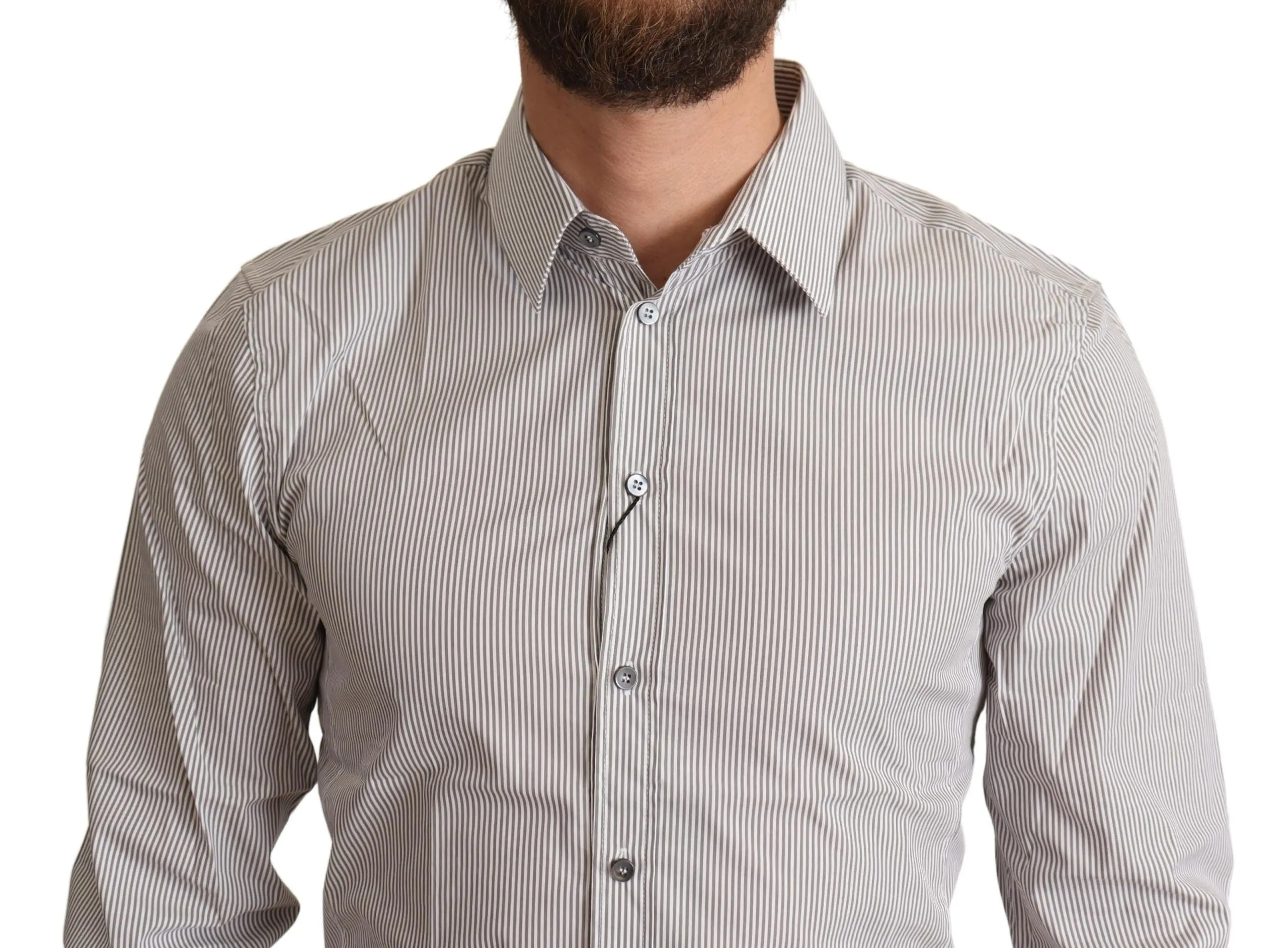 Elegant Gray Striped Slim Fit Dress Shirt sold by Louxly product image thumbnail 4