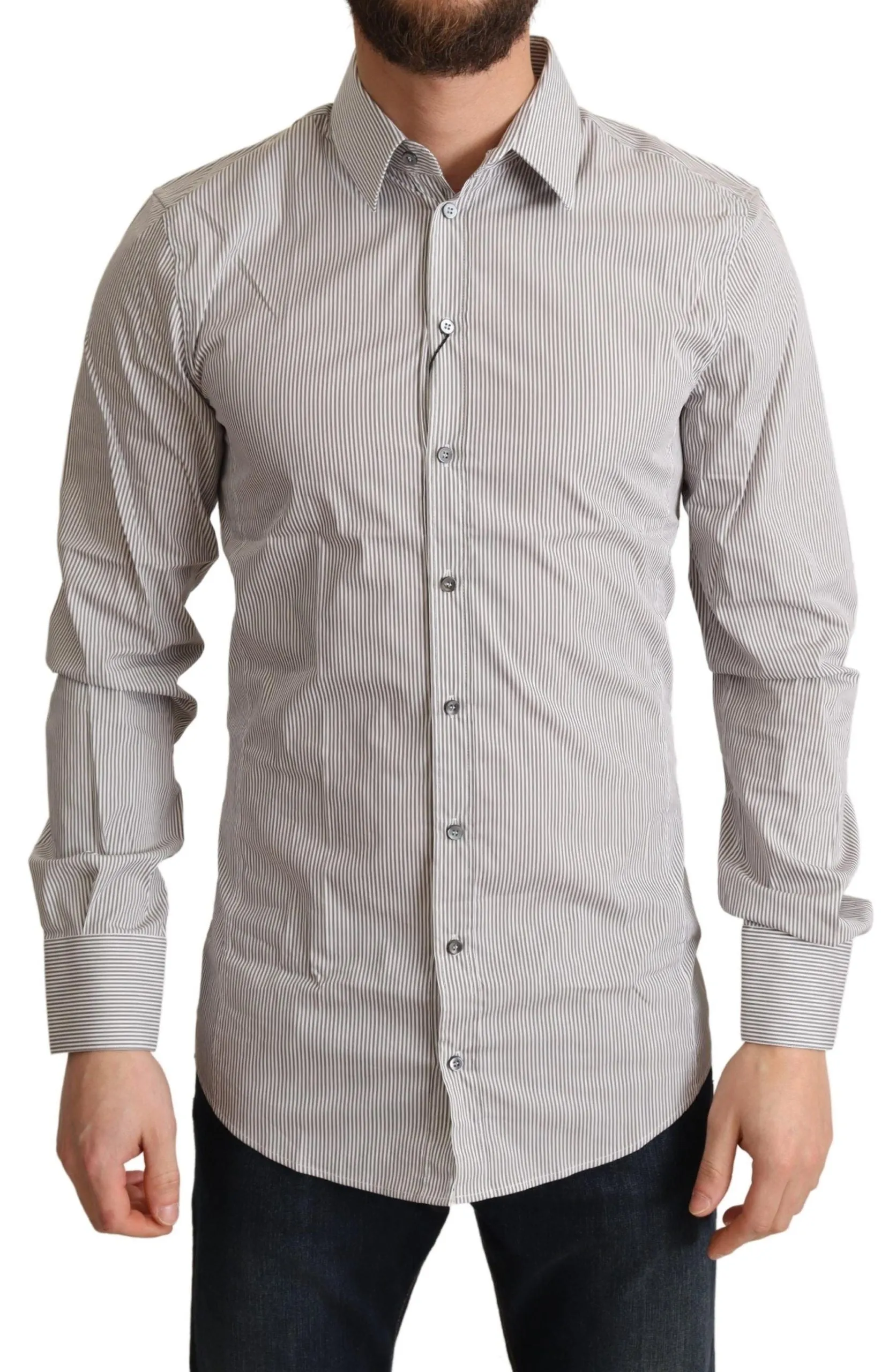 Elegant Gray Striped Slim Fit Dress Shirt sold by Louxly