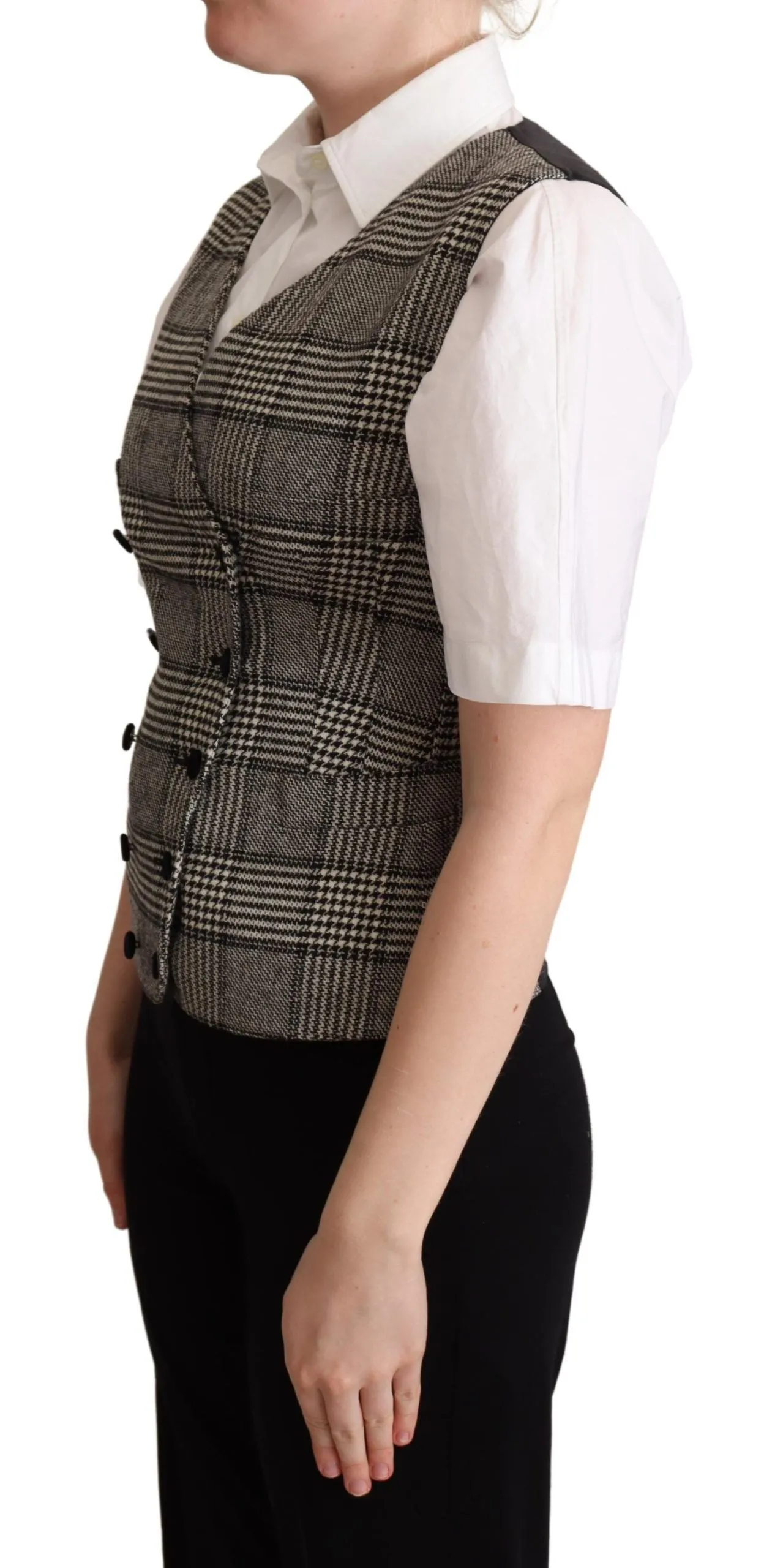 Elegant Checkered Gray Silk Blend Vest sold by Louxly product image thumbnail 2