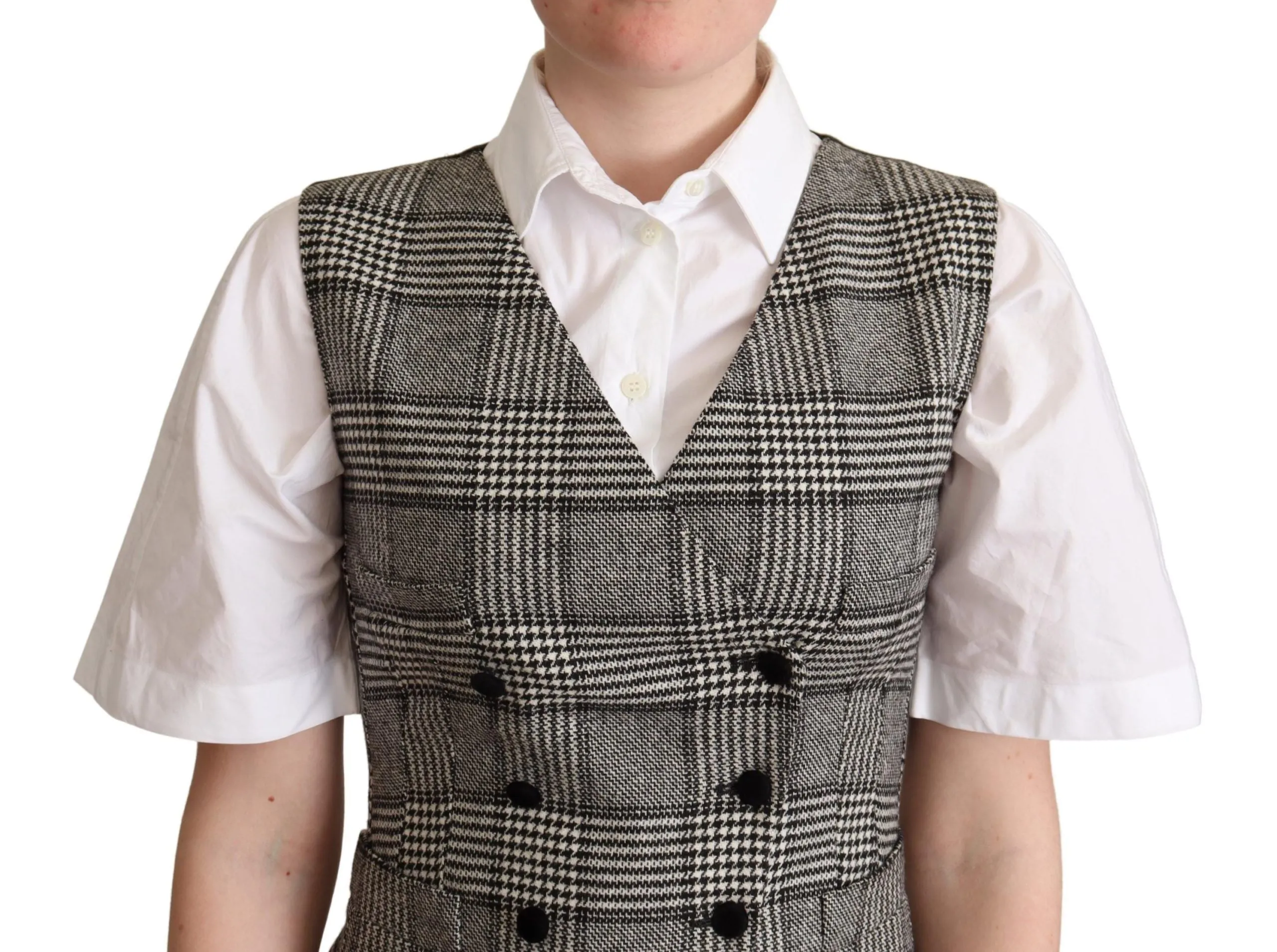 Elegant Checkered Gray Silk Blend Vest sold by Louxly product image thumbnail 4