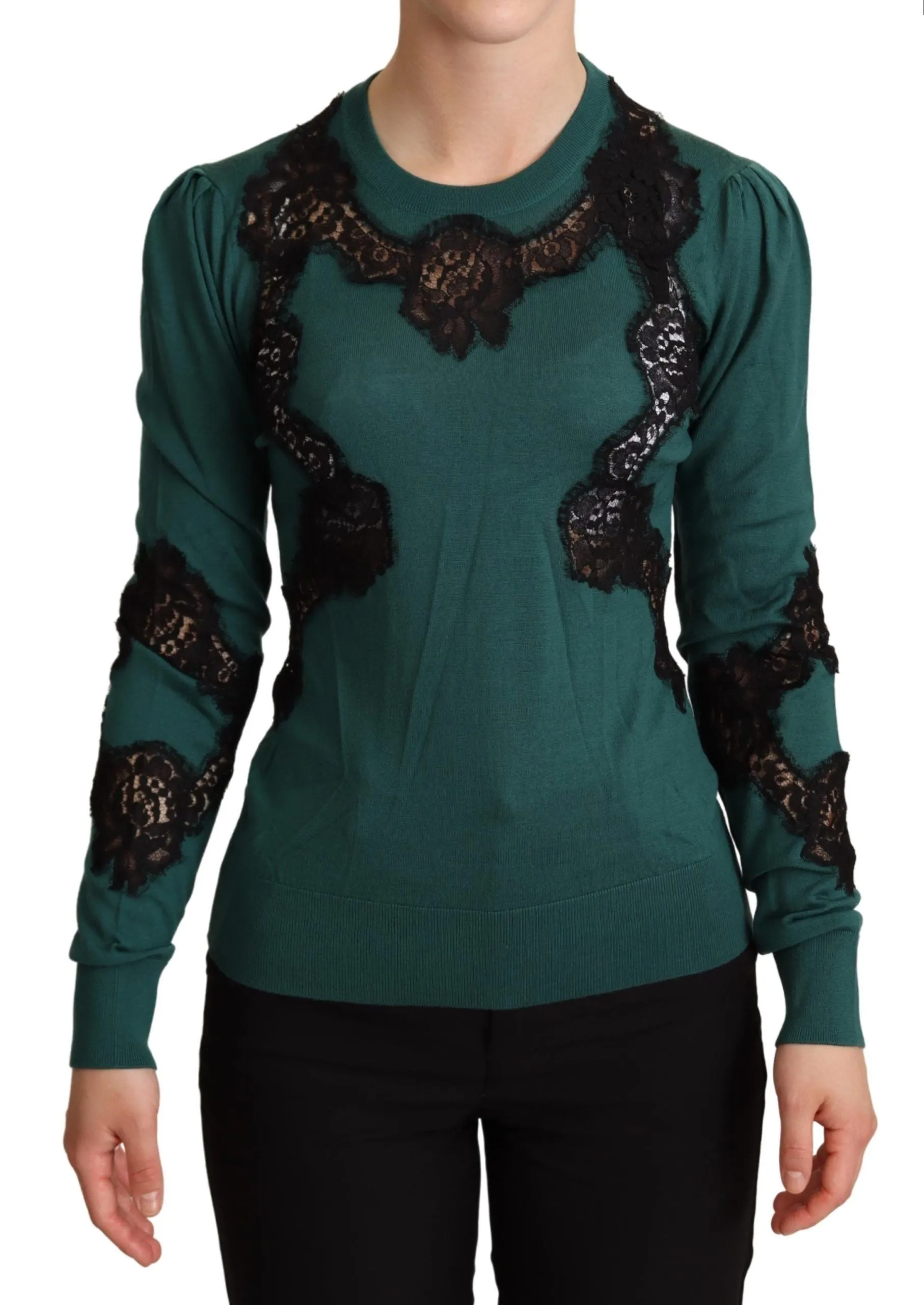 Elegant Green Pullover with Black Lace Detail sold by Louxly
