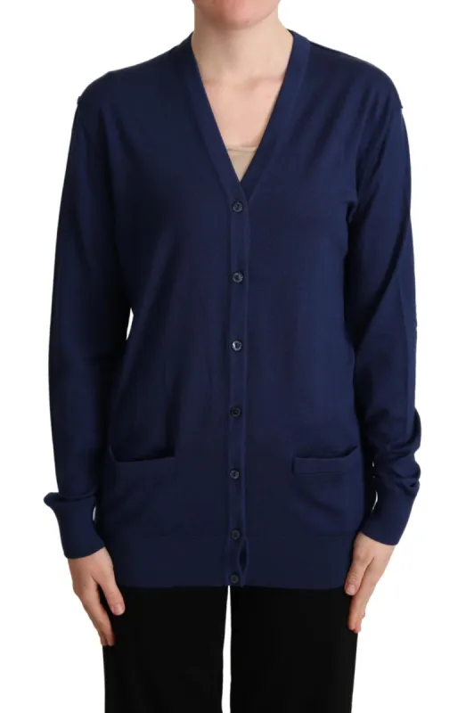 Elegant Virgin Wool Blue Cardigan sold by Louxly