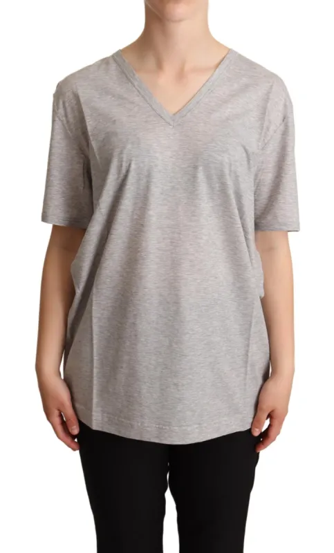 Elegant Gray V-Neck Cotton Tee sold by Louxly