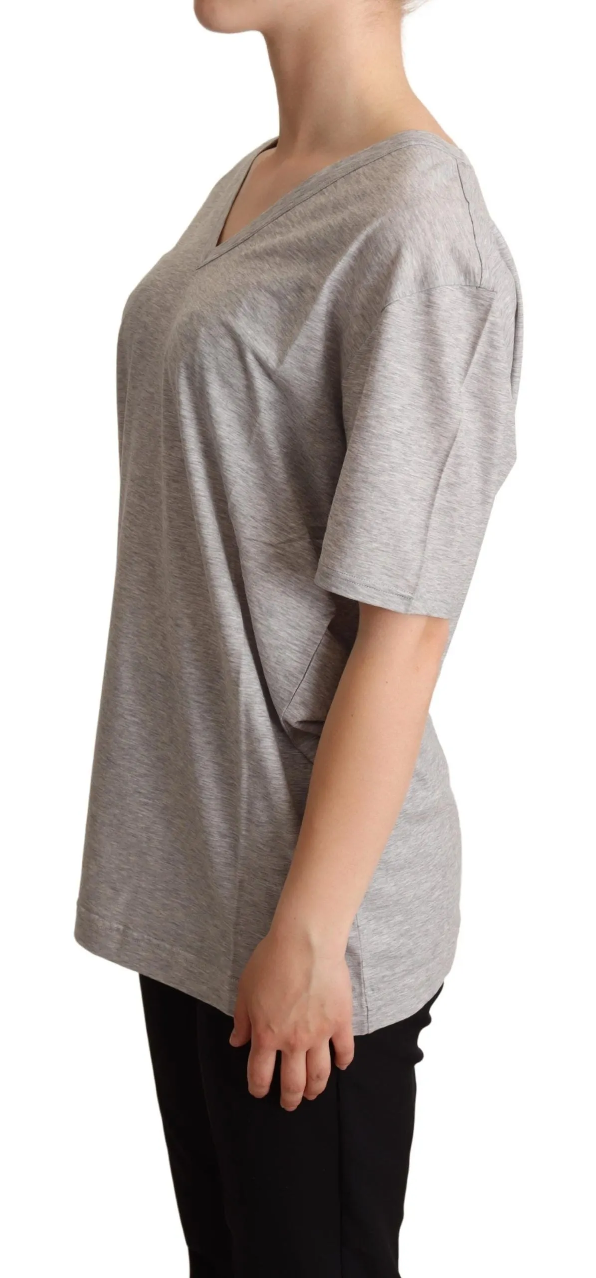 Elegant Gray V-Neck Cotton Tee sold by Louxly product image thumbnail 2