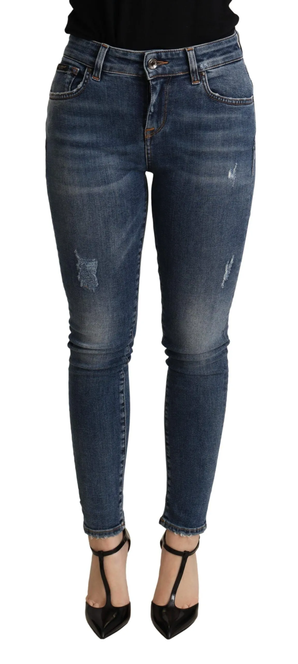 Elegant Mid Waist Skinny Blue Jeans sold by Louxly