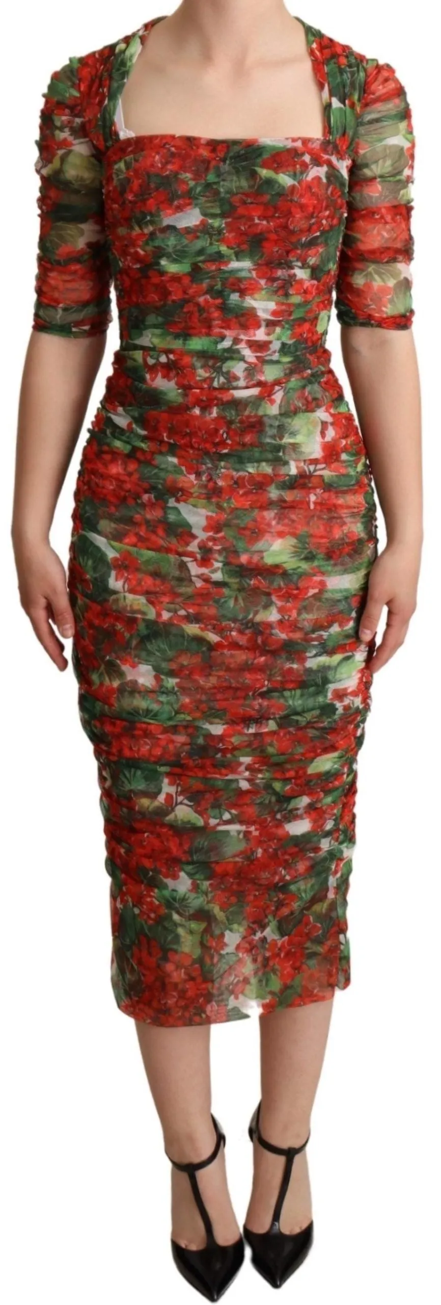 Elegant Red Floral Midi Sheath Dress sold by Louxly