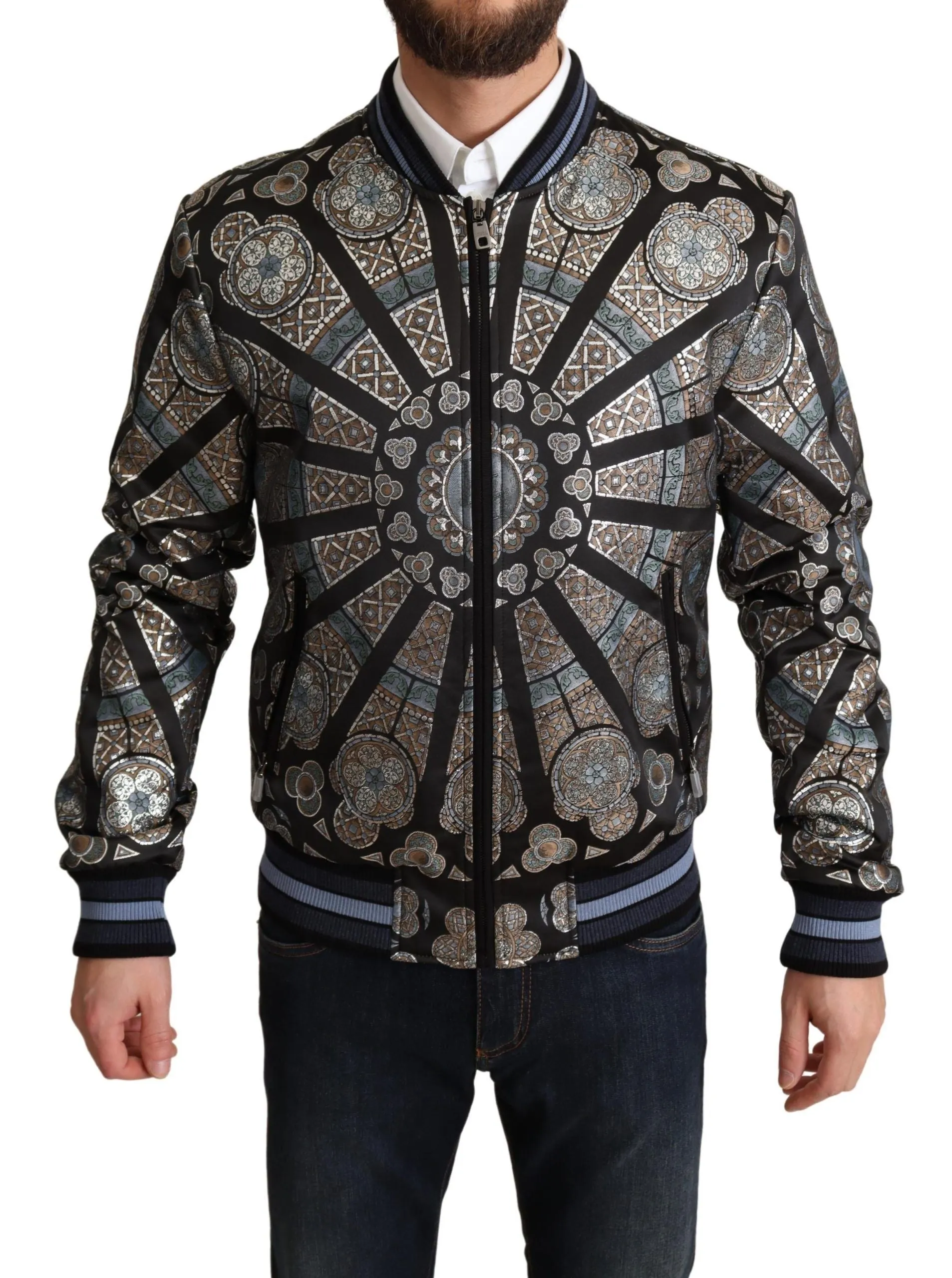 Elegant Jacquard Bomber Jacket in Blue sold by Louxly