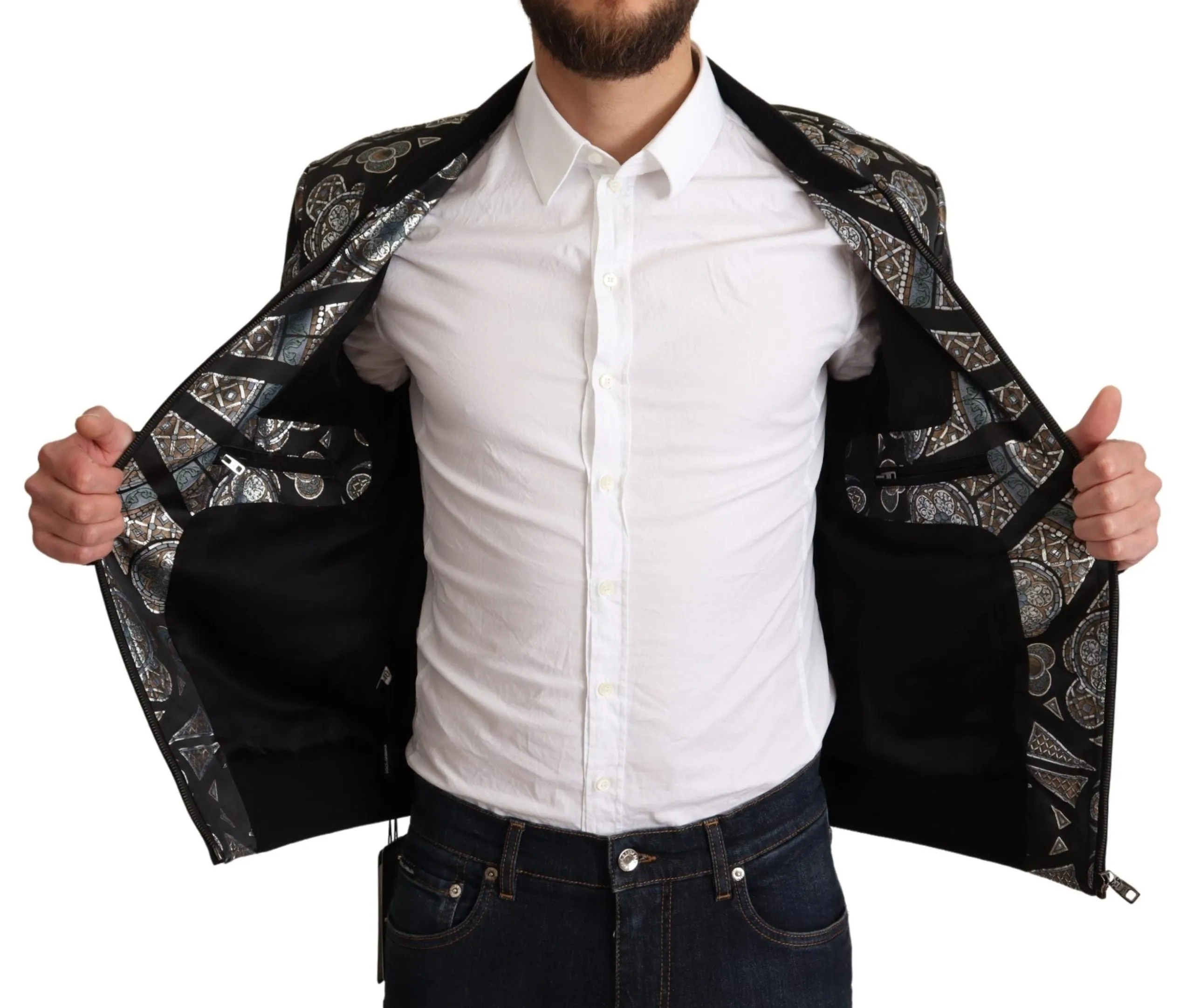 Elegant Jacquard Bomber Jacket in Blue sold by Louxly product image thumbnail 5