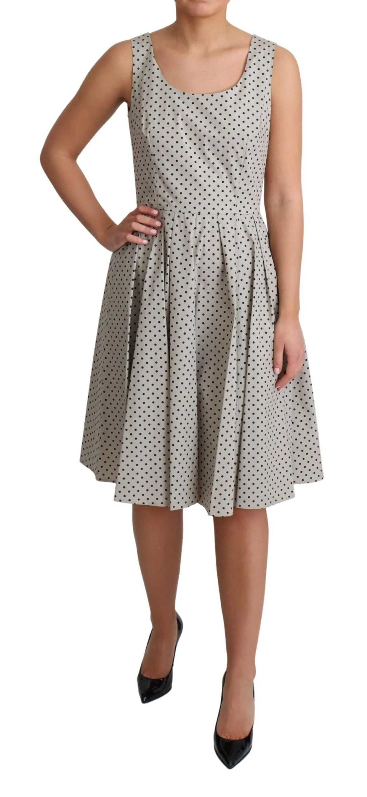 Polka-Dotted Beige Sleeveless A-line Dress sold by Louxly product image thumbnail 2