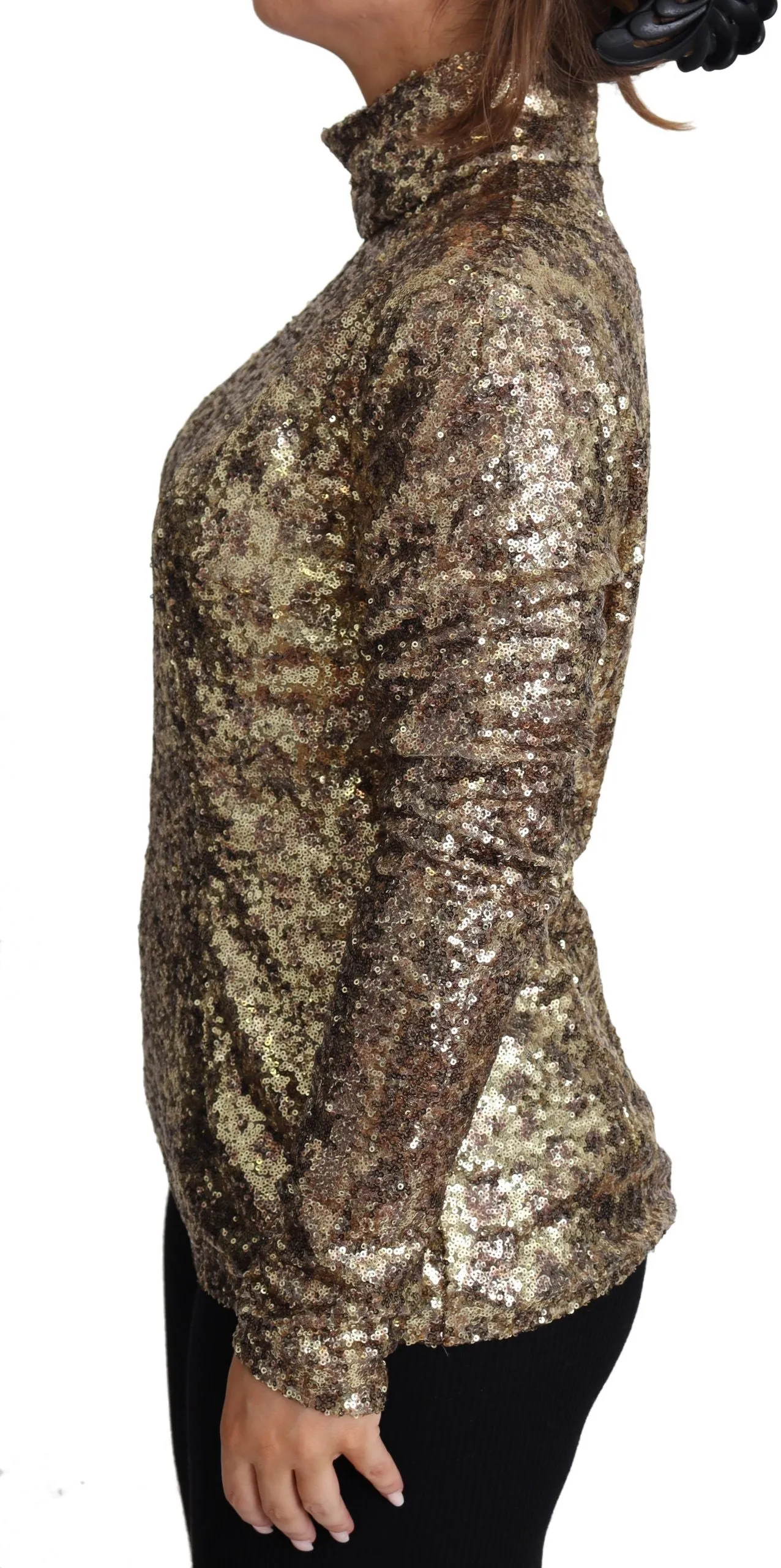 Sequined Turtleneck Full Zip Sweater in Brown sold by Louxly product image thumbnail 4